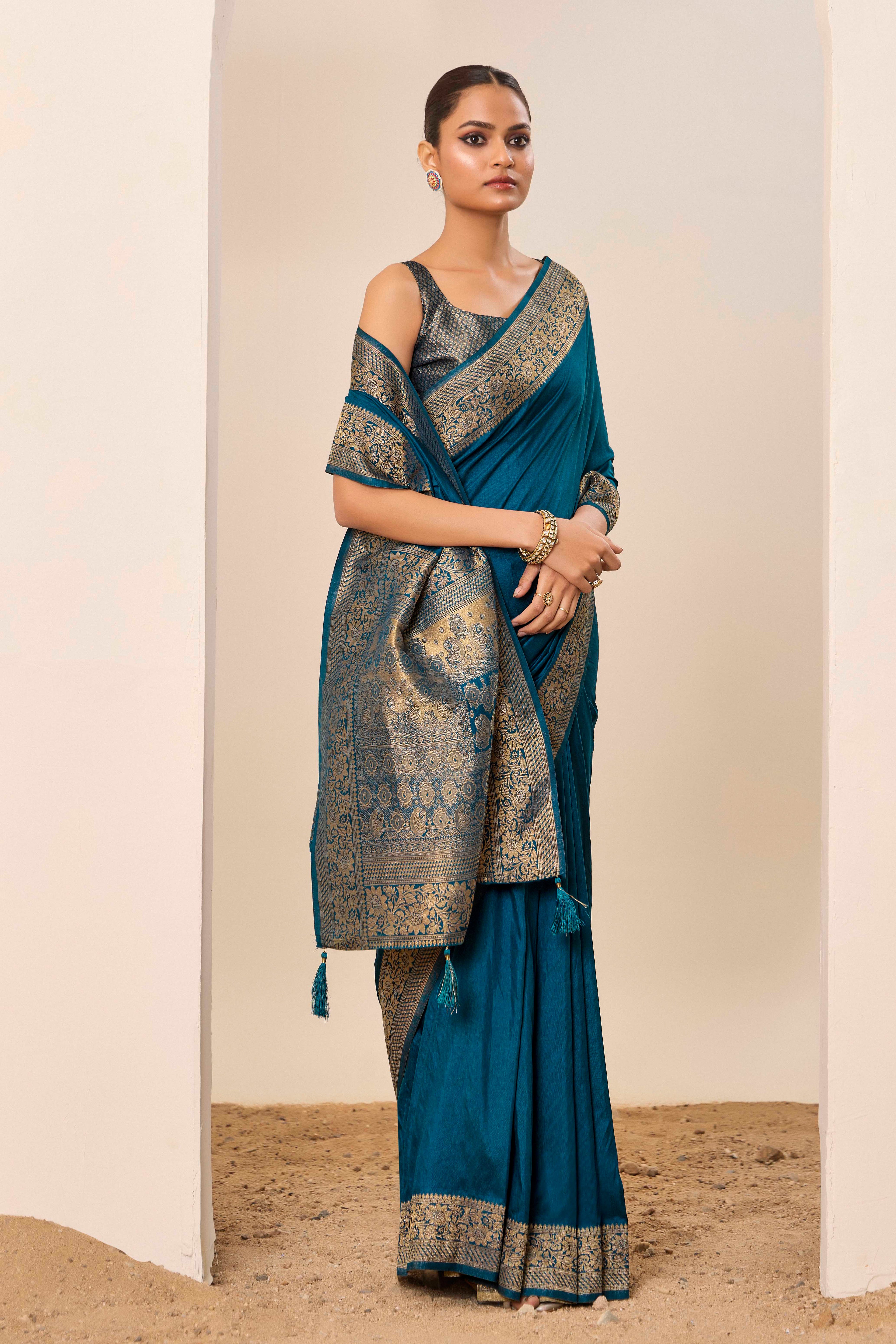 Teal Blue Dolla Silk Party Wear Saree | Wevon Jari Galla Designer Masterpiece