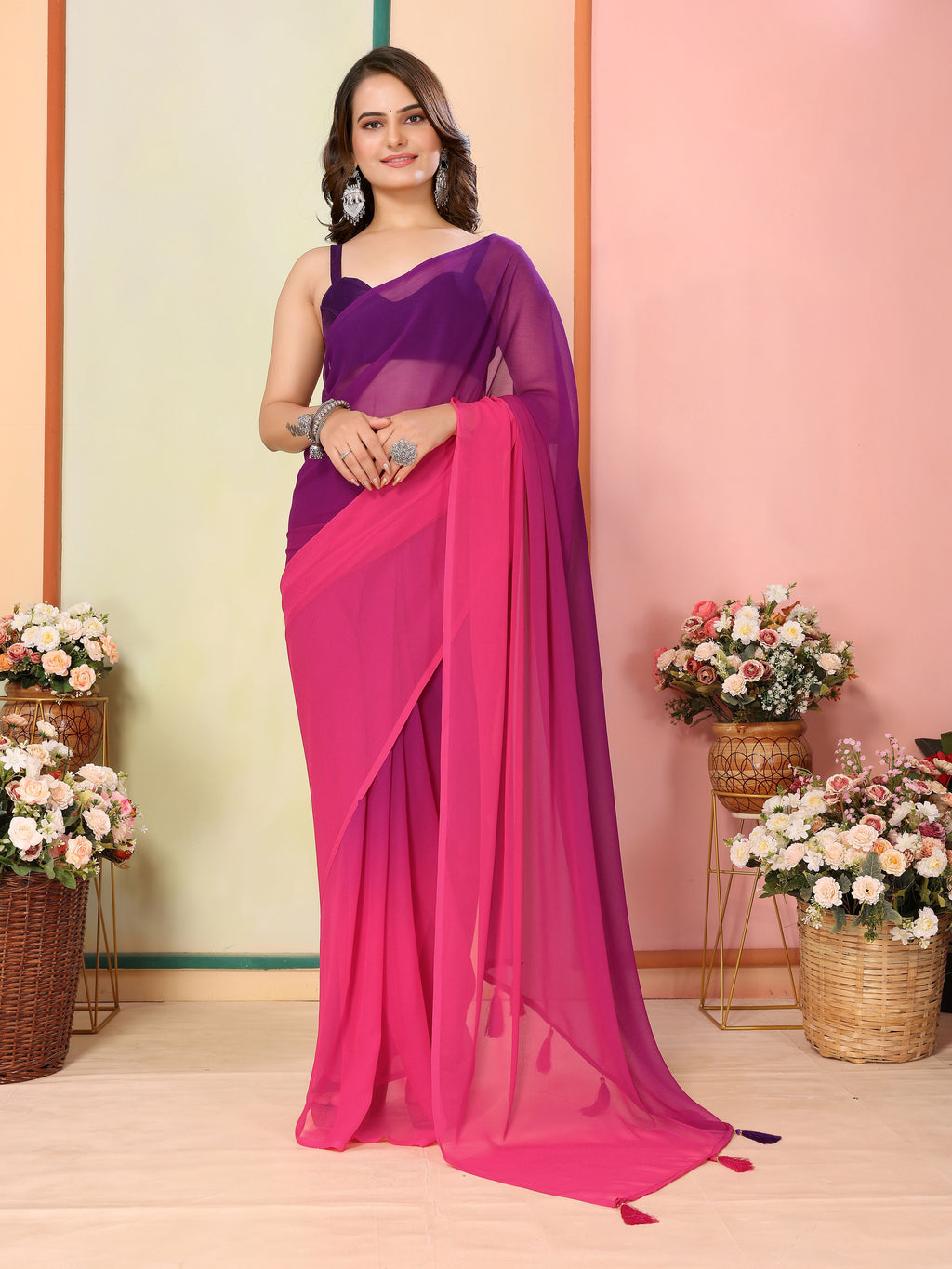 Purple Georgette Party Wear Saree | Art Silk Blouse with Designer Pedding Print