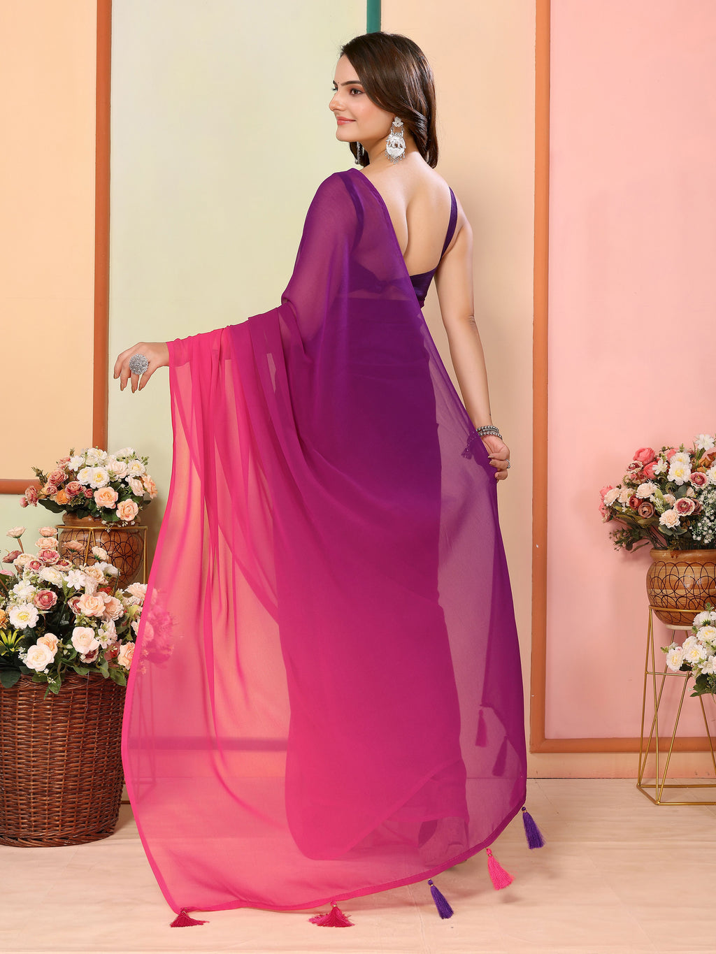 Purple Georgette Party Wear Saree | Art Silk Blouse with Designer Pedding Print