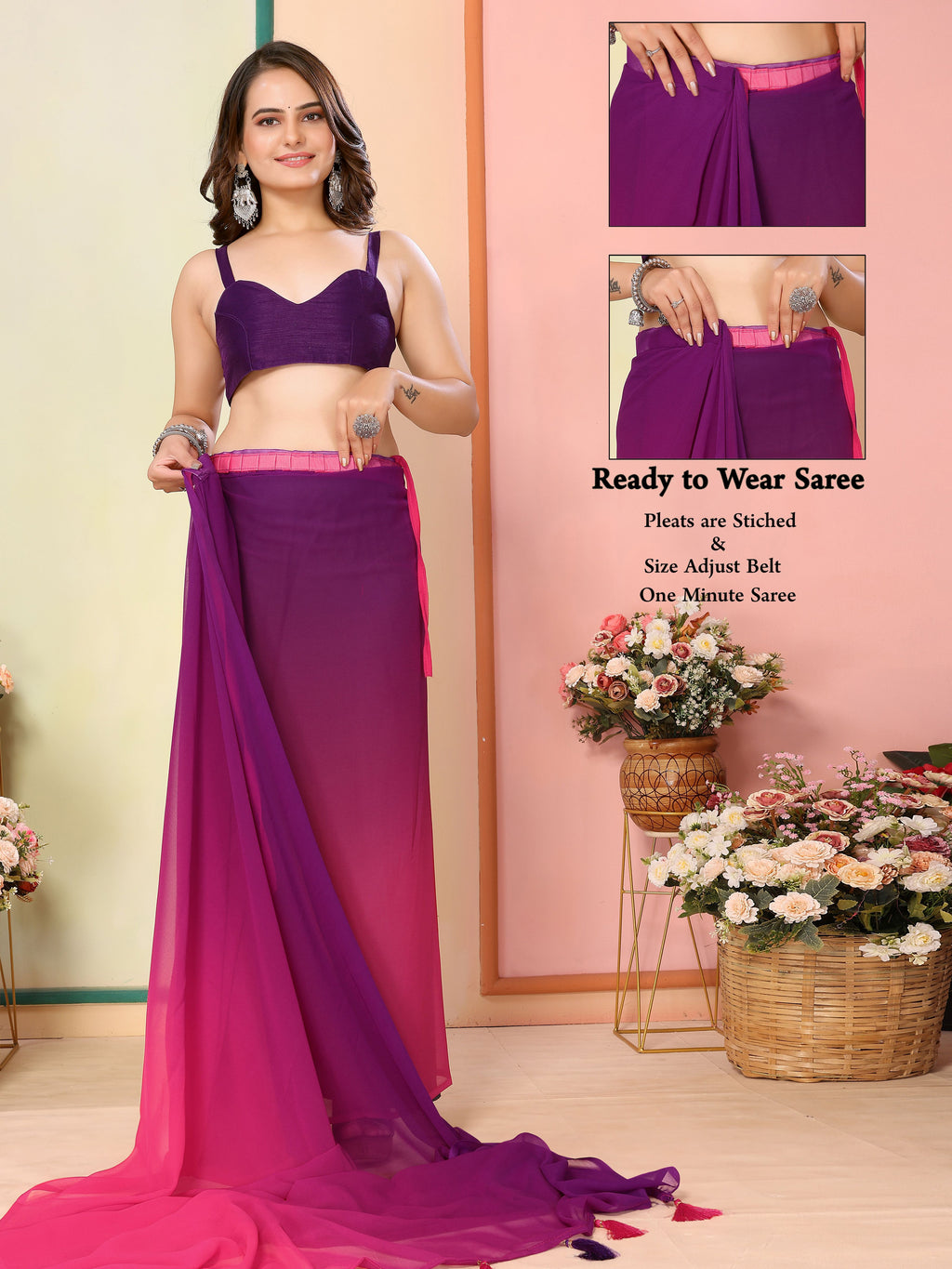 Purple Georgette Party Wear Saree | Art Silk Blouse with Designer Pedding Print