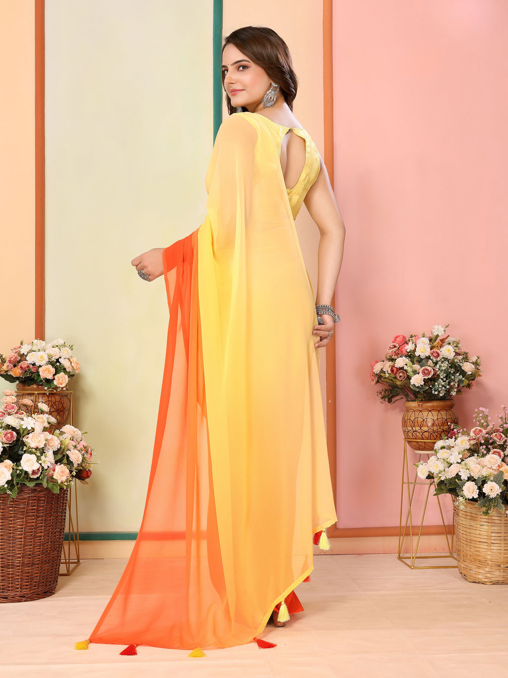 Yellow Georgette Party Wear Saree | Art Silk Blouse with Designer Pedding Print