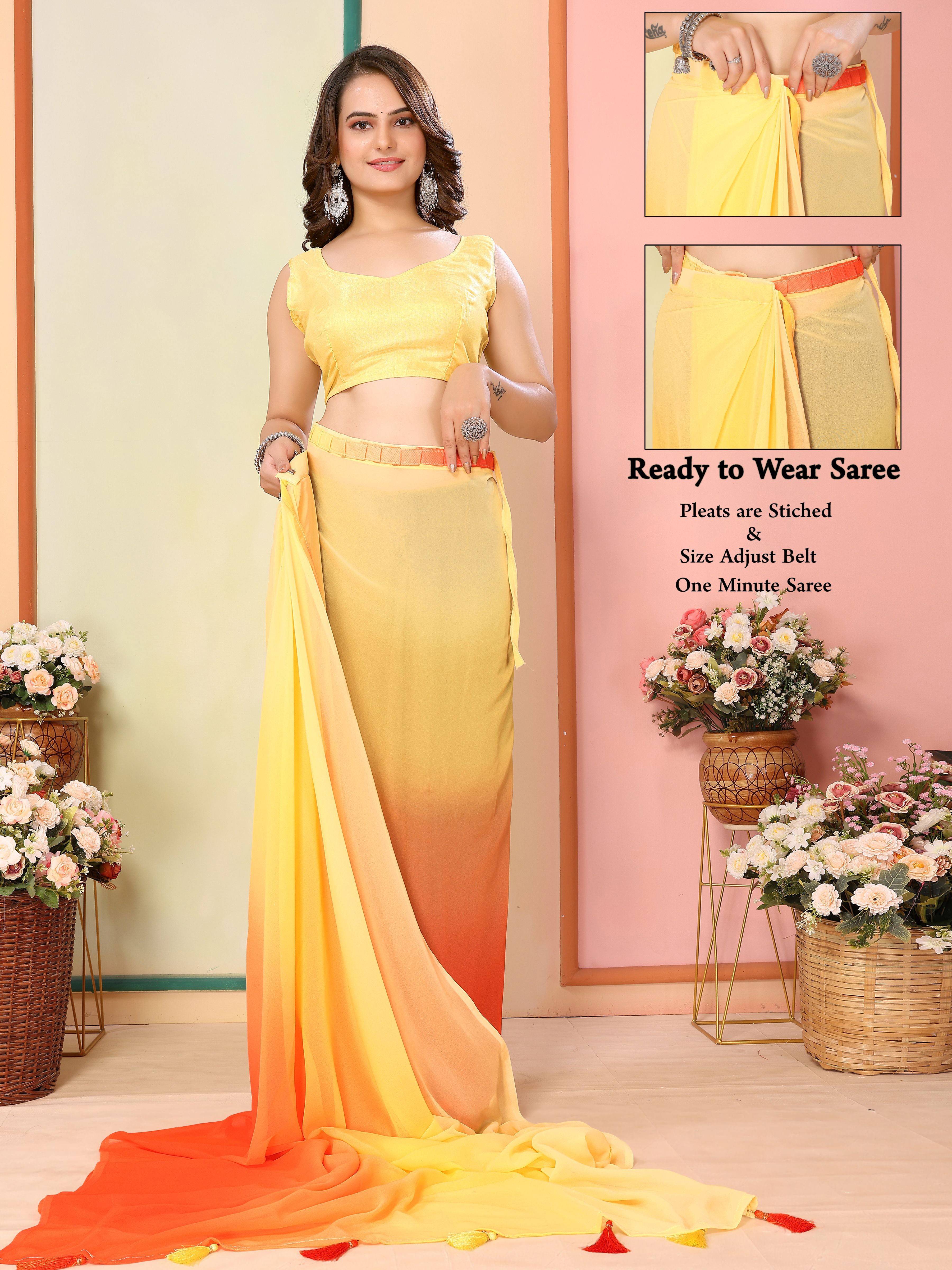 Yellow Georgette Party Wear Saree | Art Silk Blouse with Designer Pedding Print