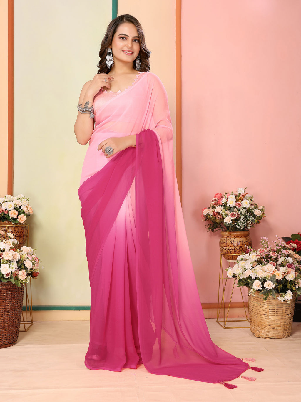 Pink Georgette Party Wear Saree | Art Silk Blouse with Designer Pedding Print