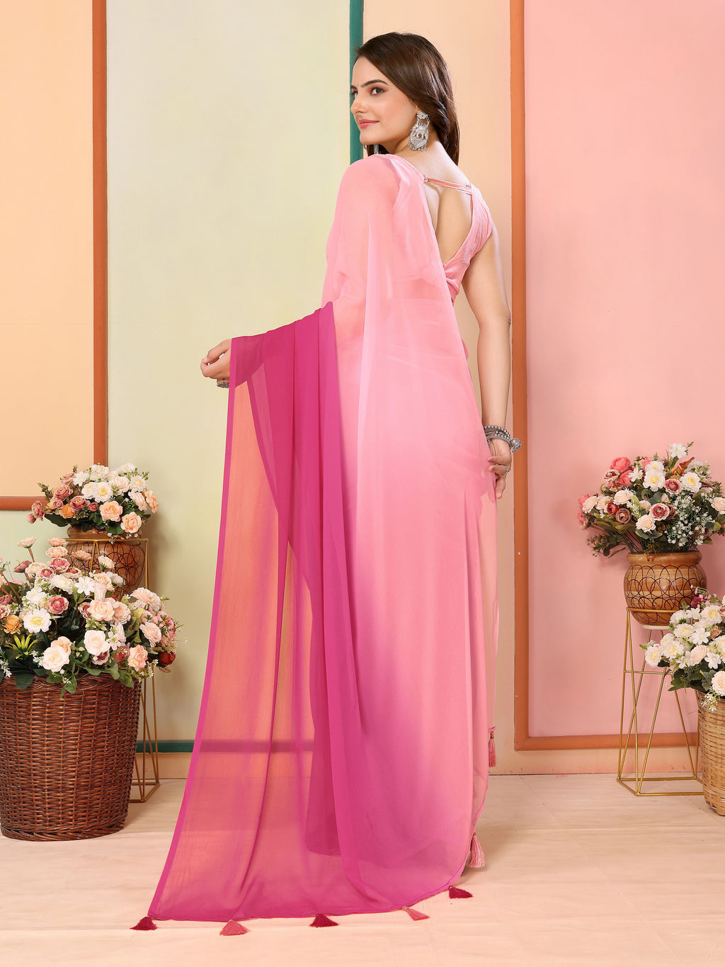 Pink Georgette Party Wear Saree | Art Silk Blouse with Designer Pedding Print