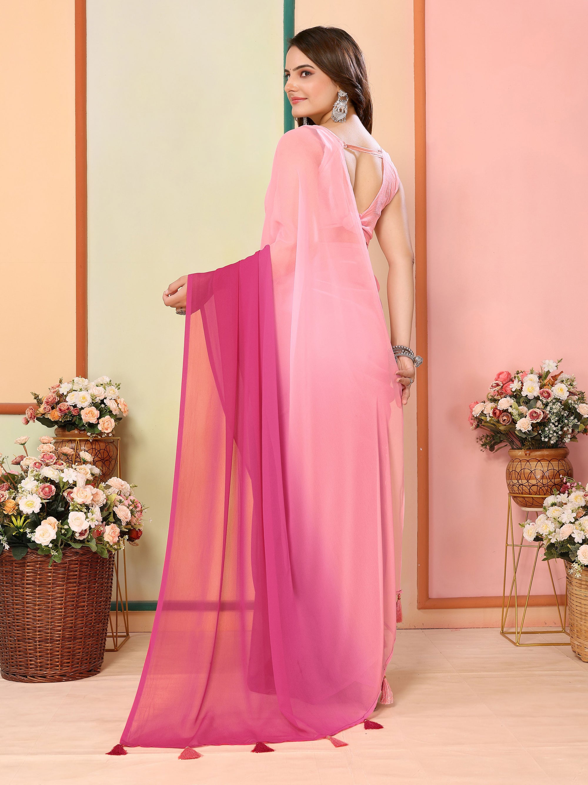 Pink Georgette Party Wear Saree | Art Silk Blouse with Designer Pedding Print