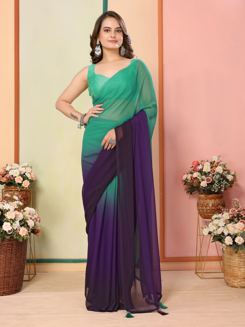 Sea Green Georgette Party Wear Saree | Art Silk Blouse with Designer Pedding Print