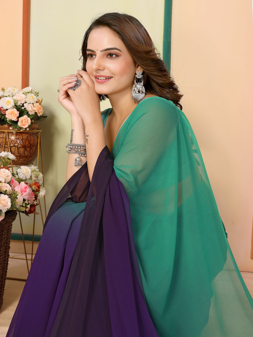 Sea Green Georgette Party Wear Saree | Art Silk Blouse with Designer Pedding Print