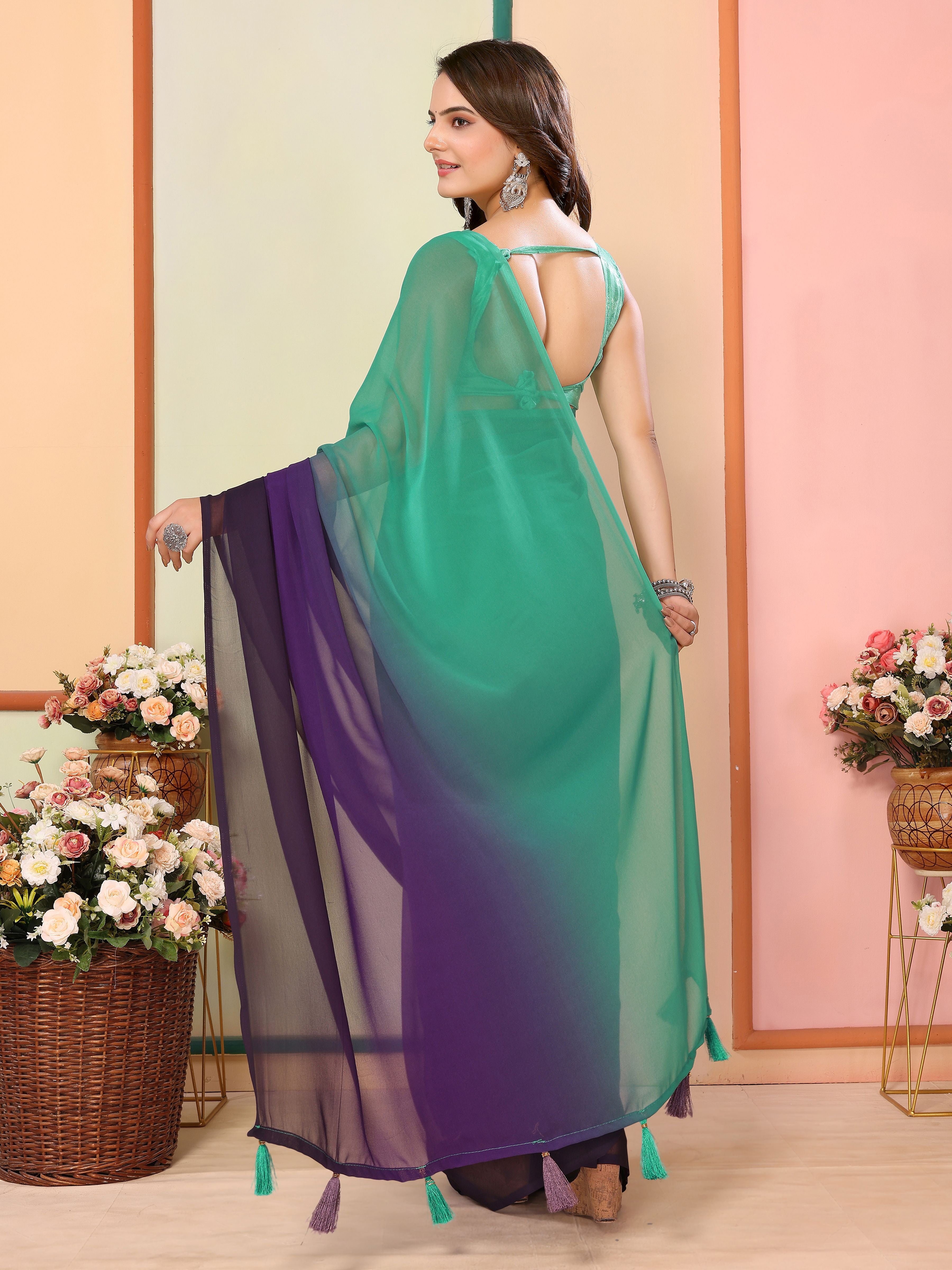Sea Green Georgette Party Wear Saree | Art Silk Blouse with Designer Pedding Print