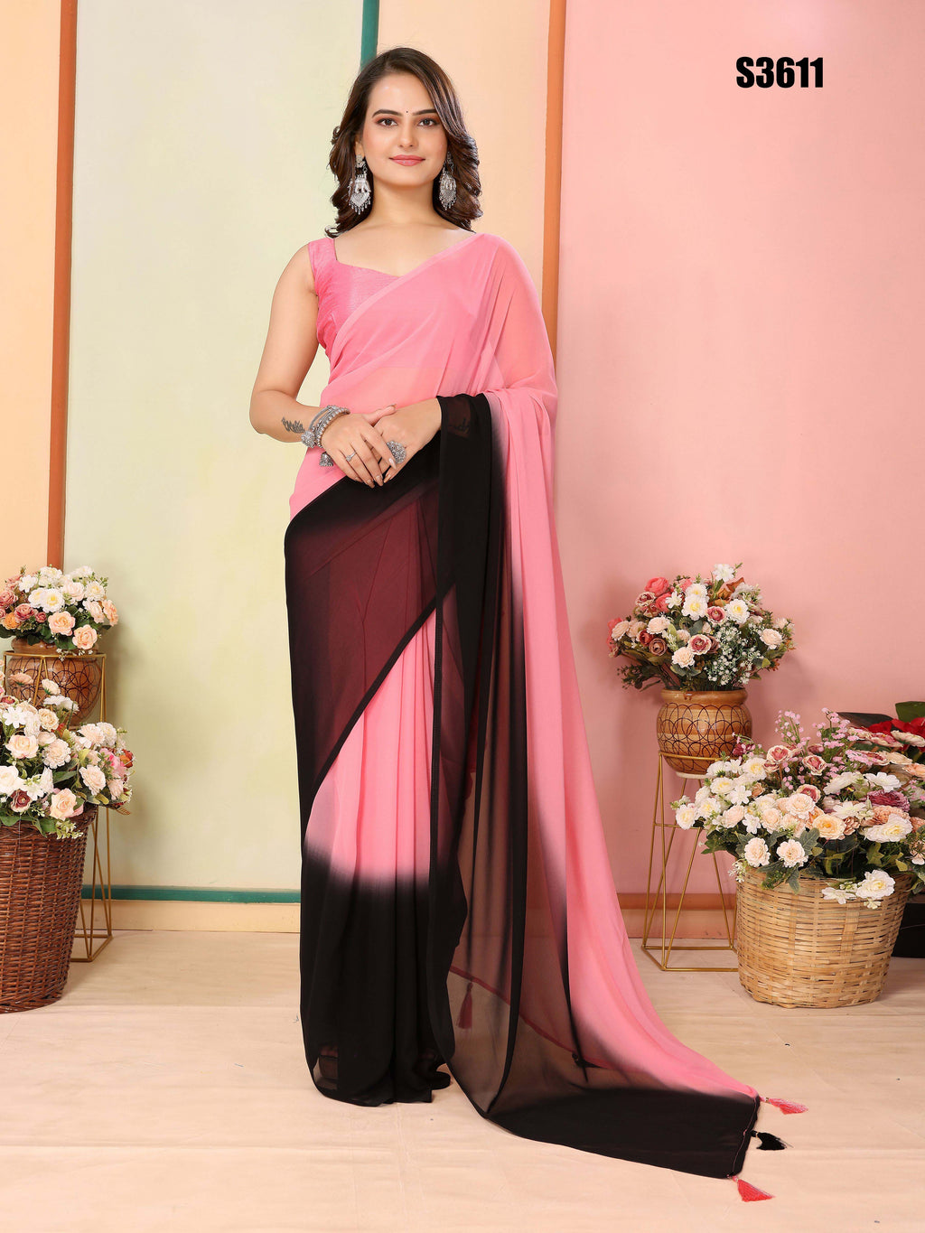 Pink Georgette Party Wear Saree | Art Silk Blouse with Designer Pedding Print