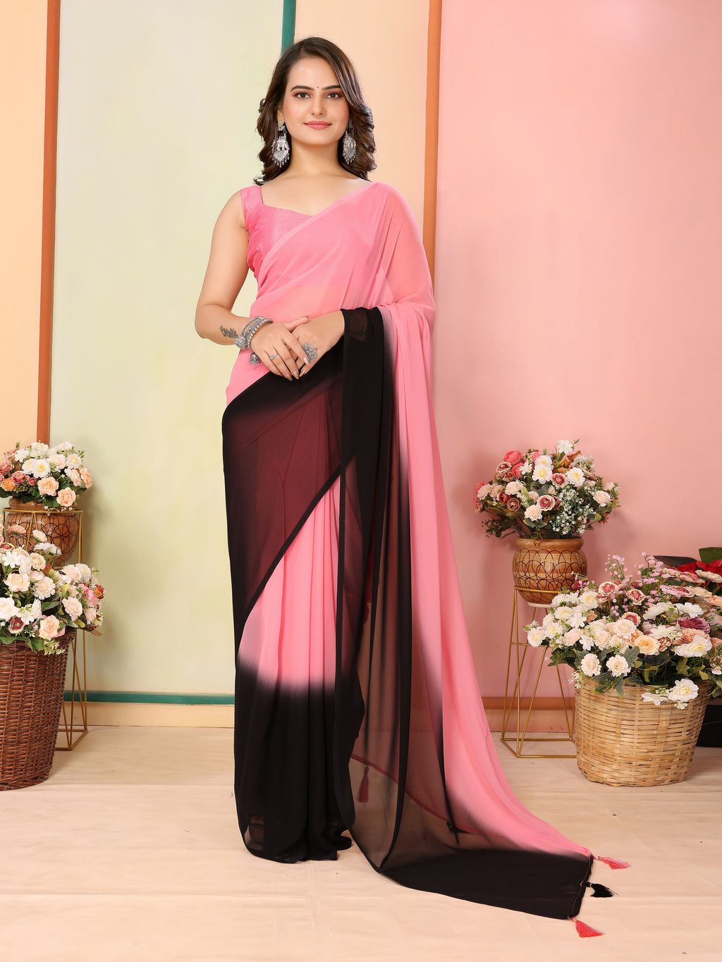 Pink Georgette Party Wear Saree | Art Silk Blouse with Designer Pedding Print