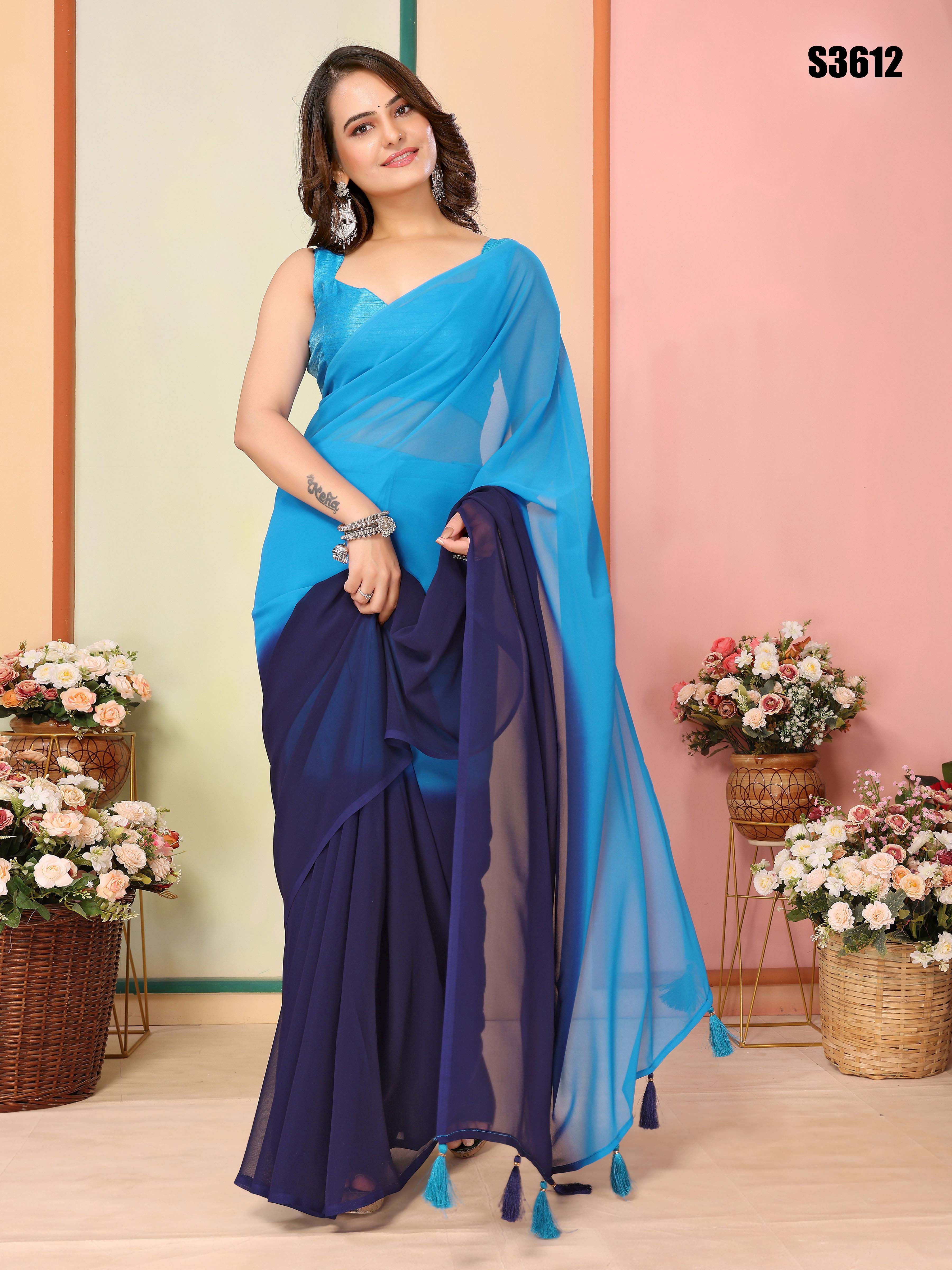 Blue Georgette Party Wear Saree | Art Silk Blouse with Designer Pedding Print