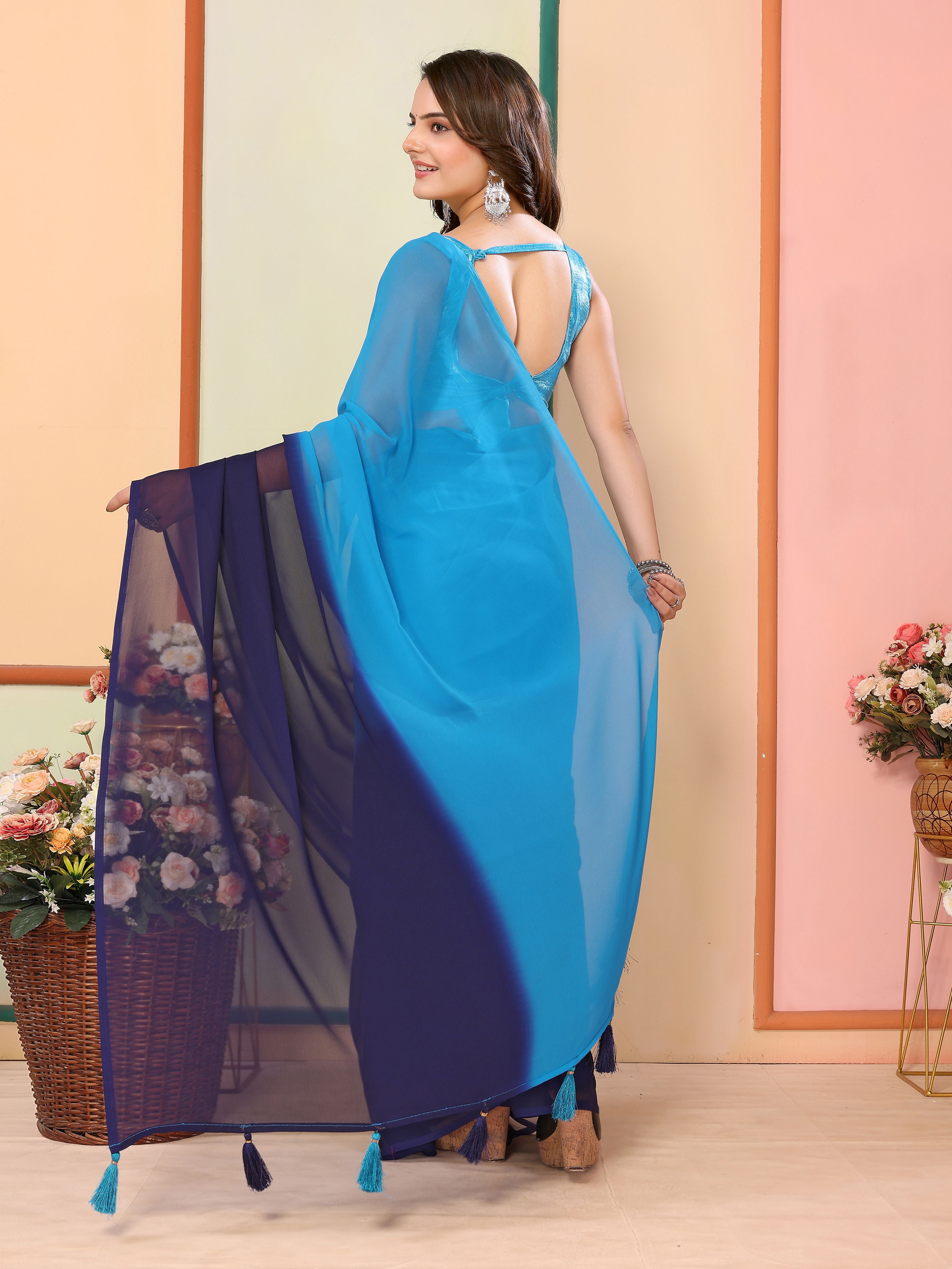 Blue Georgette Party Wear Saree | Art Silk Blouse with Designer Pedding Print