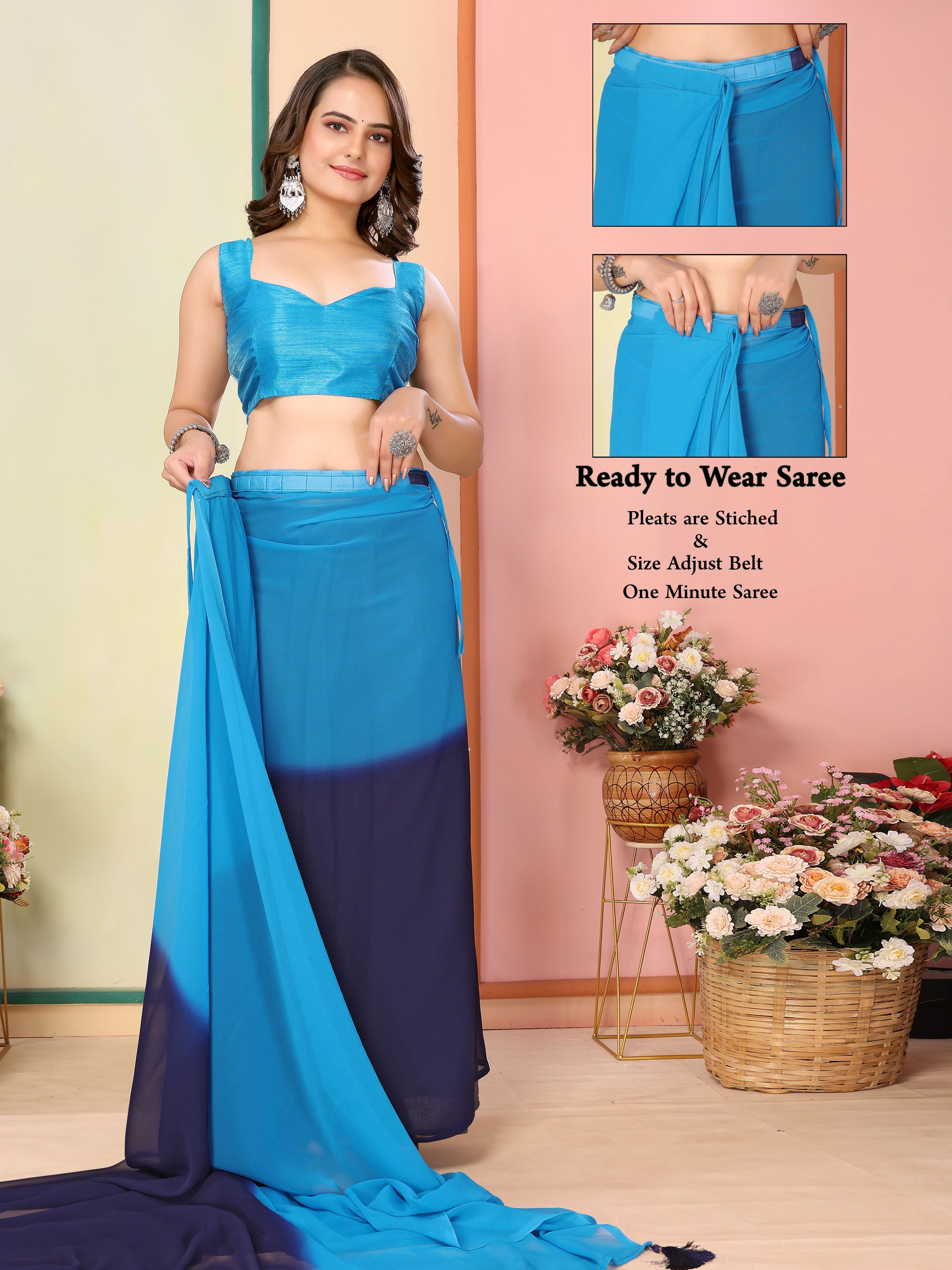 Blue Georgette Party Wear Saree | Art Silk Blouse with Designer Pedding Print
