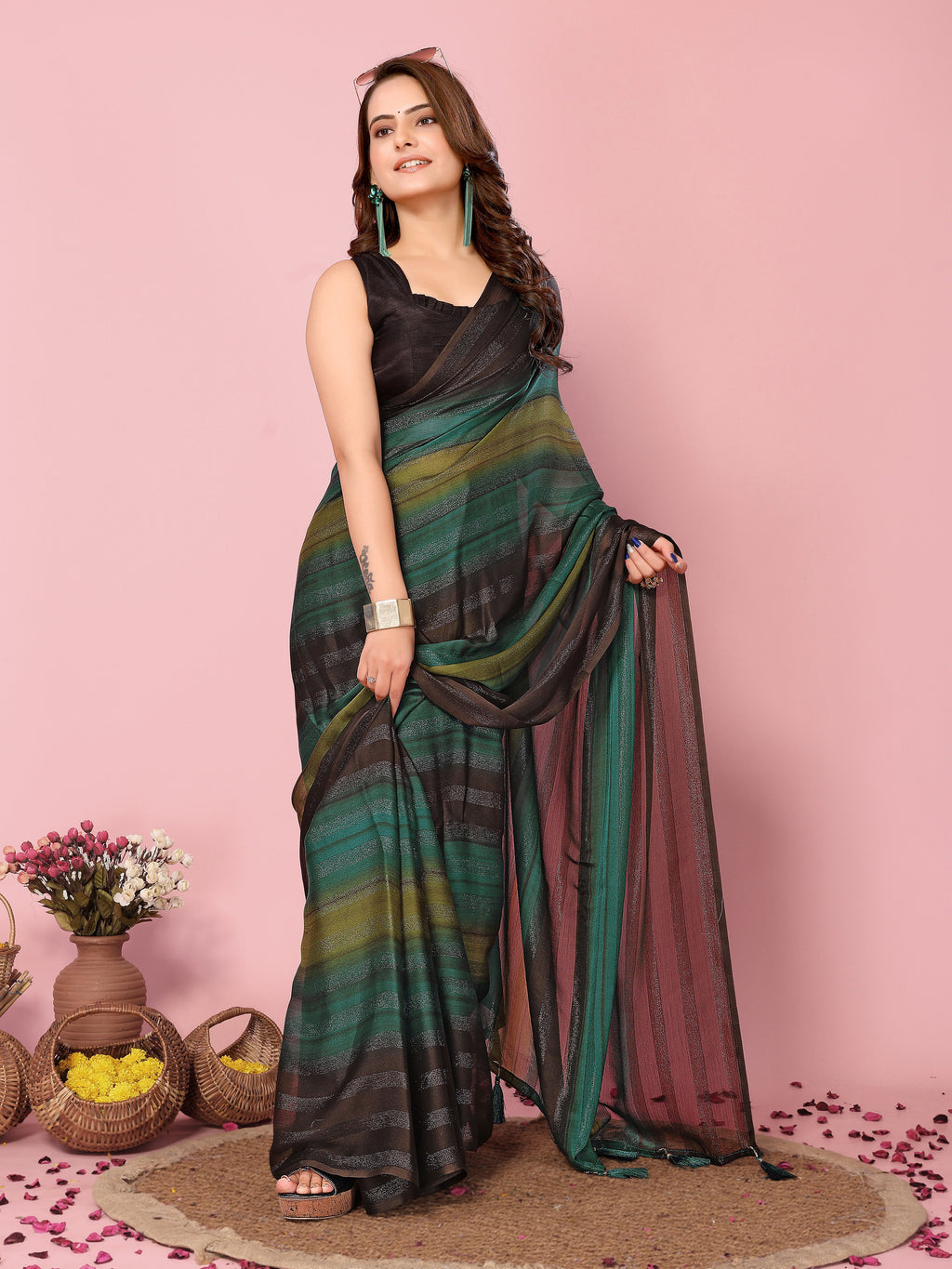 Emerald Black Rangoli Silk Party Wear Saree | Wevon Designer Printed with Art Silk Blouse