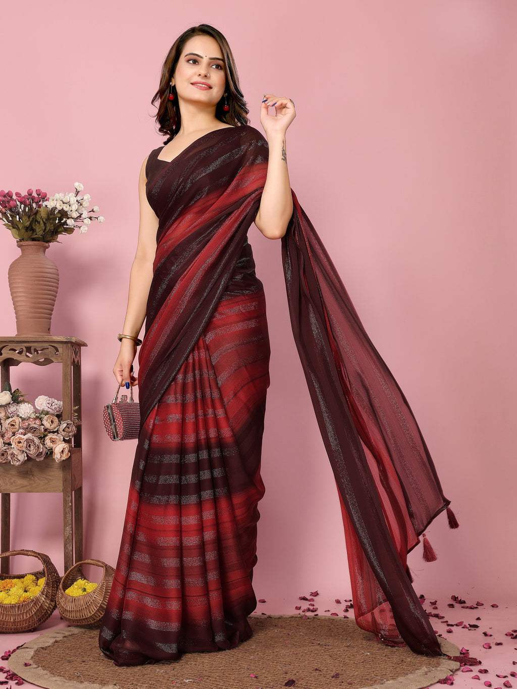 Royal Burgundy Rangoli Silk Party Wear Saree | Wevon Designer Printed with Art Silk Blouse
