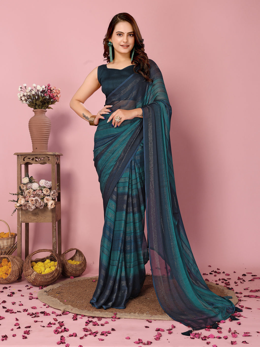 Azure Teal Rangoli Silk Party Wear Saree | Wevon Designer Printed with Art Silk Blouse