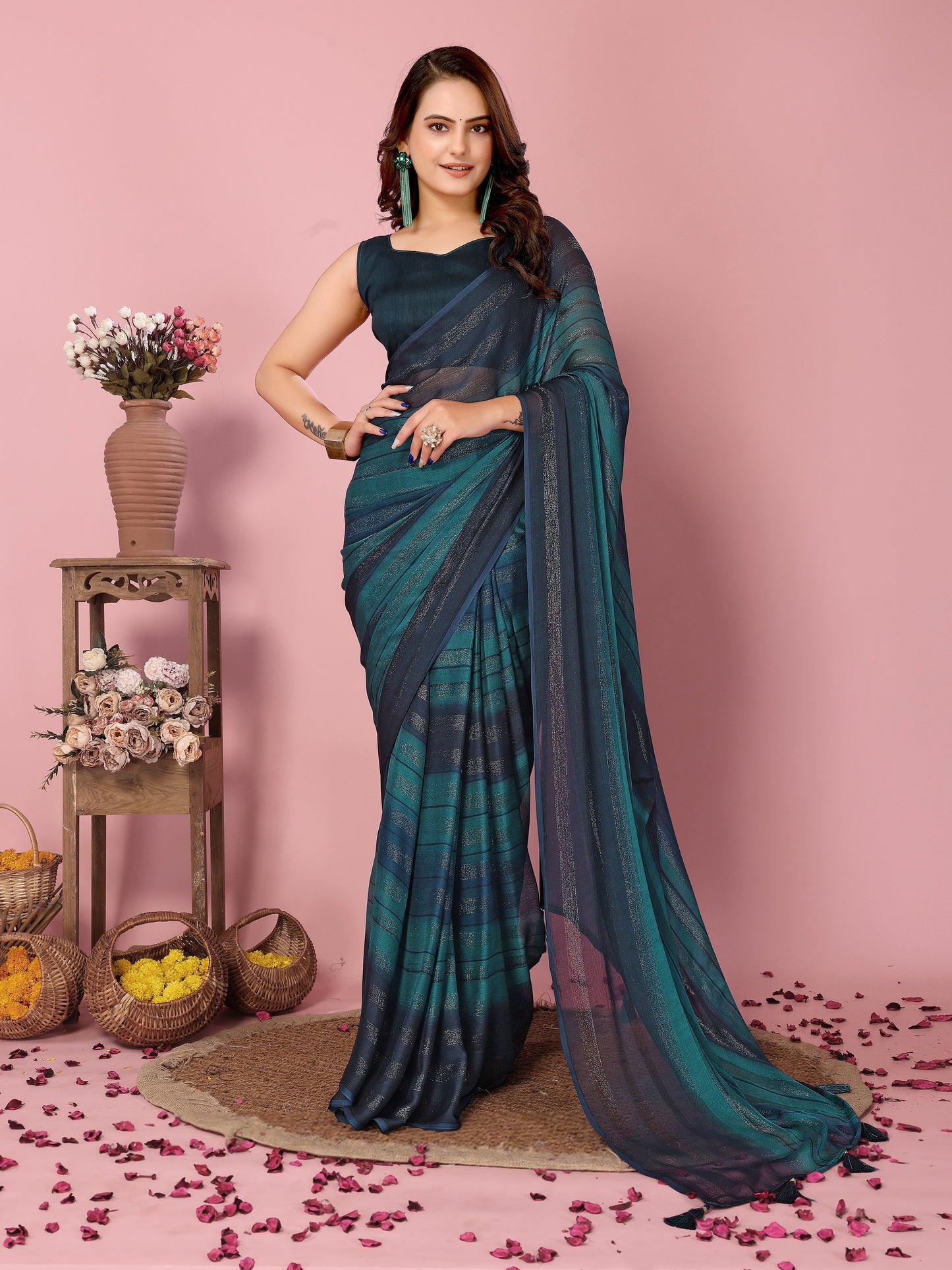 Azure Teal Rangoli Silk Party Wear Saree | Wevon Designer Printed with Art Silk Blouse