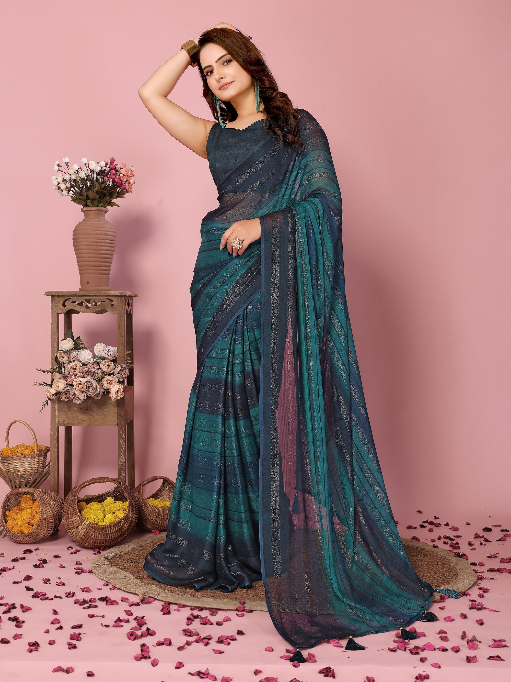 Azure Teal Rangoli Silk Party Wear Saree | Wevon Designer Printed with Art Silk Blouse