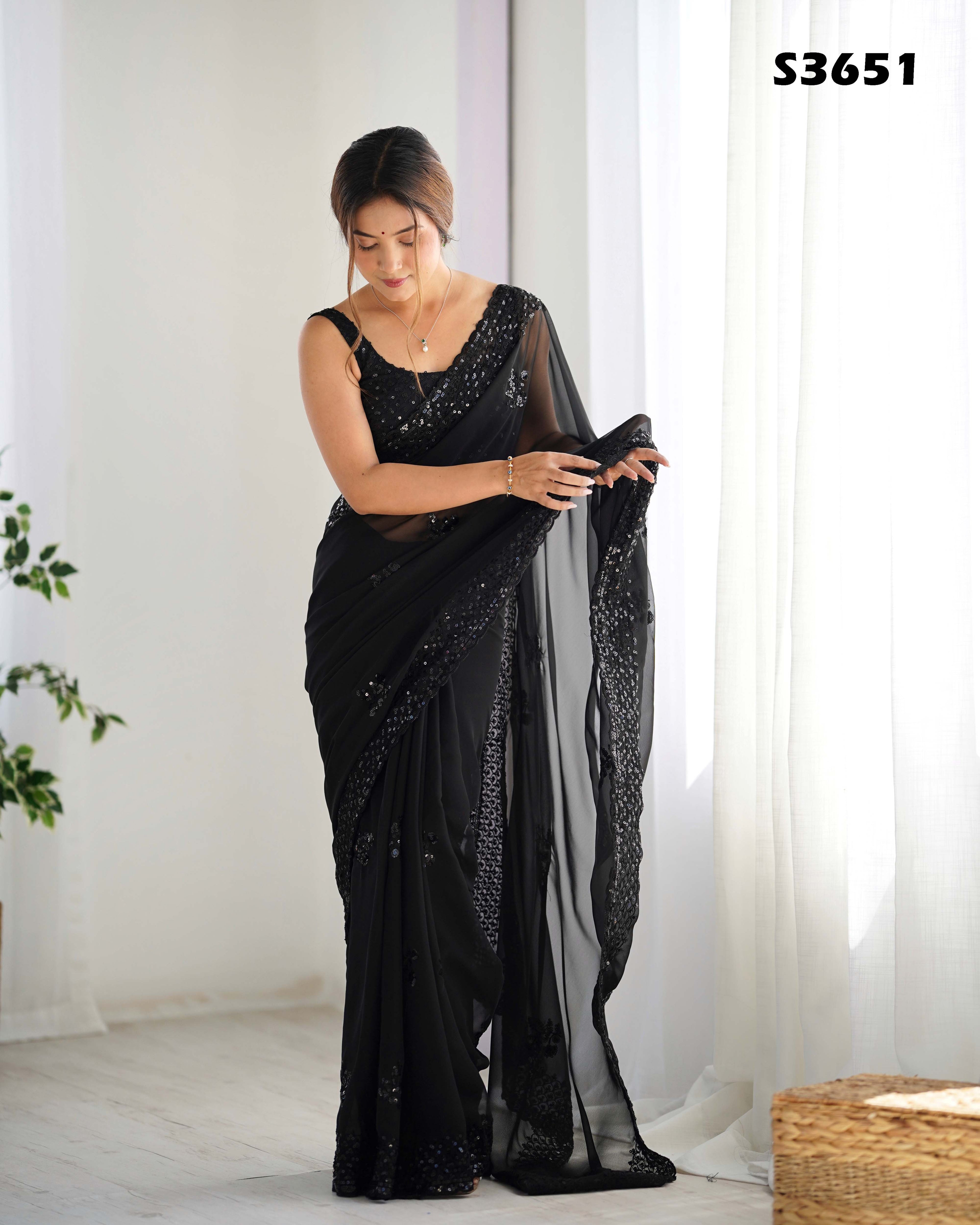 Black Georgette Saree | Designer Thread & Sequin Embroidered Party Wear