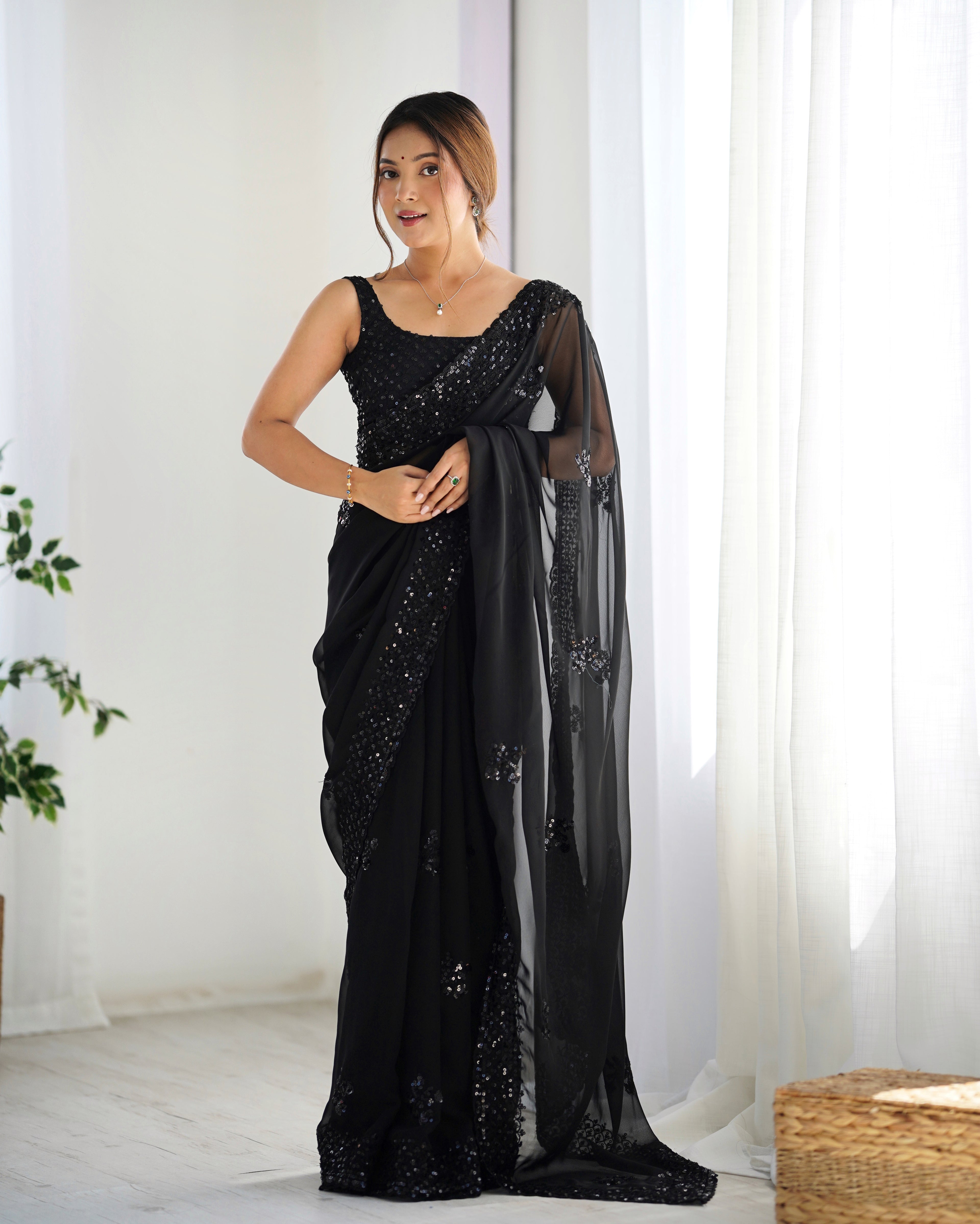 Black Georgette Saree | Designer Thread & Sequin Embroidered Party Wear