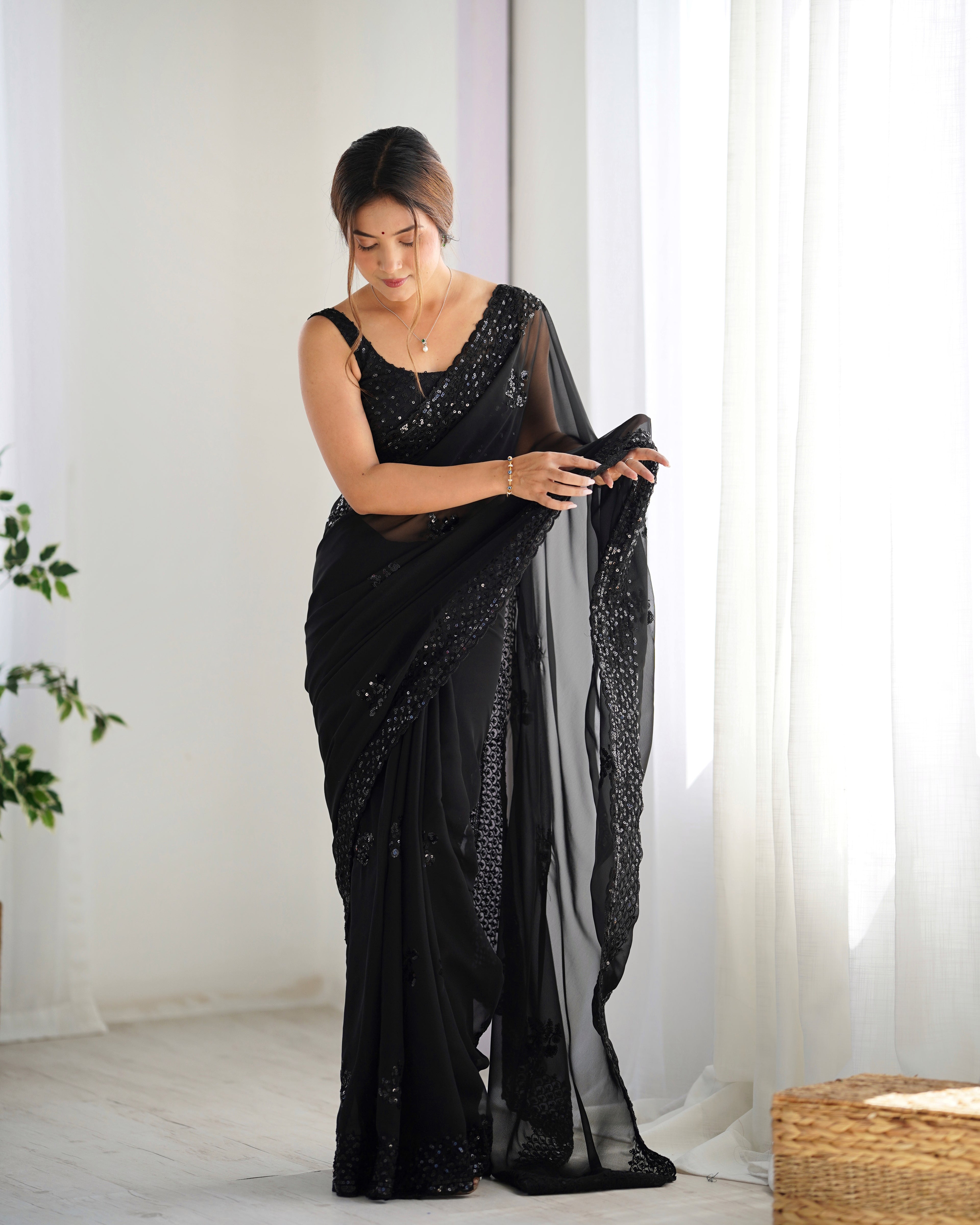 Black Georgette Saree | Designer Thread & Sequin Embroidered Party Wear