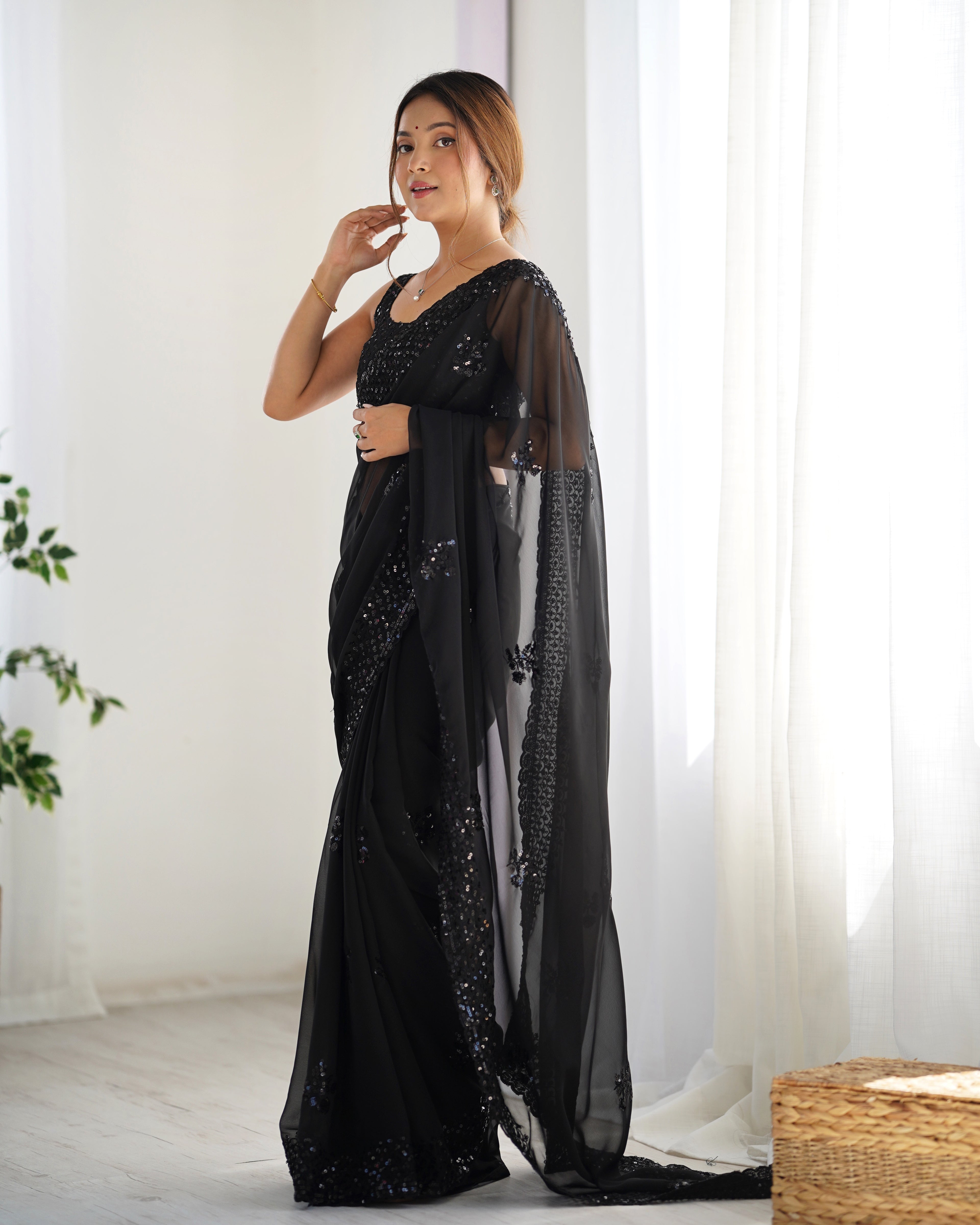 Black Georgette Saree | Designer Thread & Sequin Embroidered Party Wear