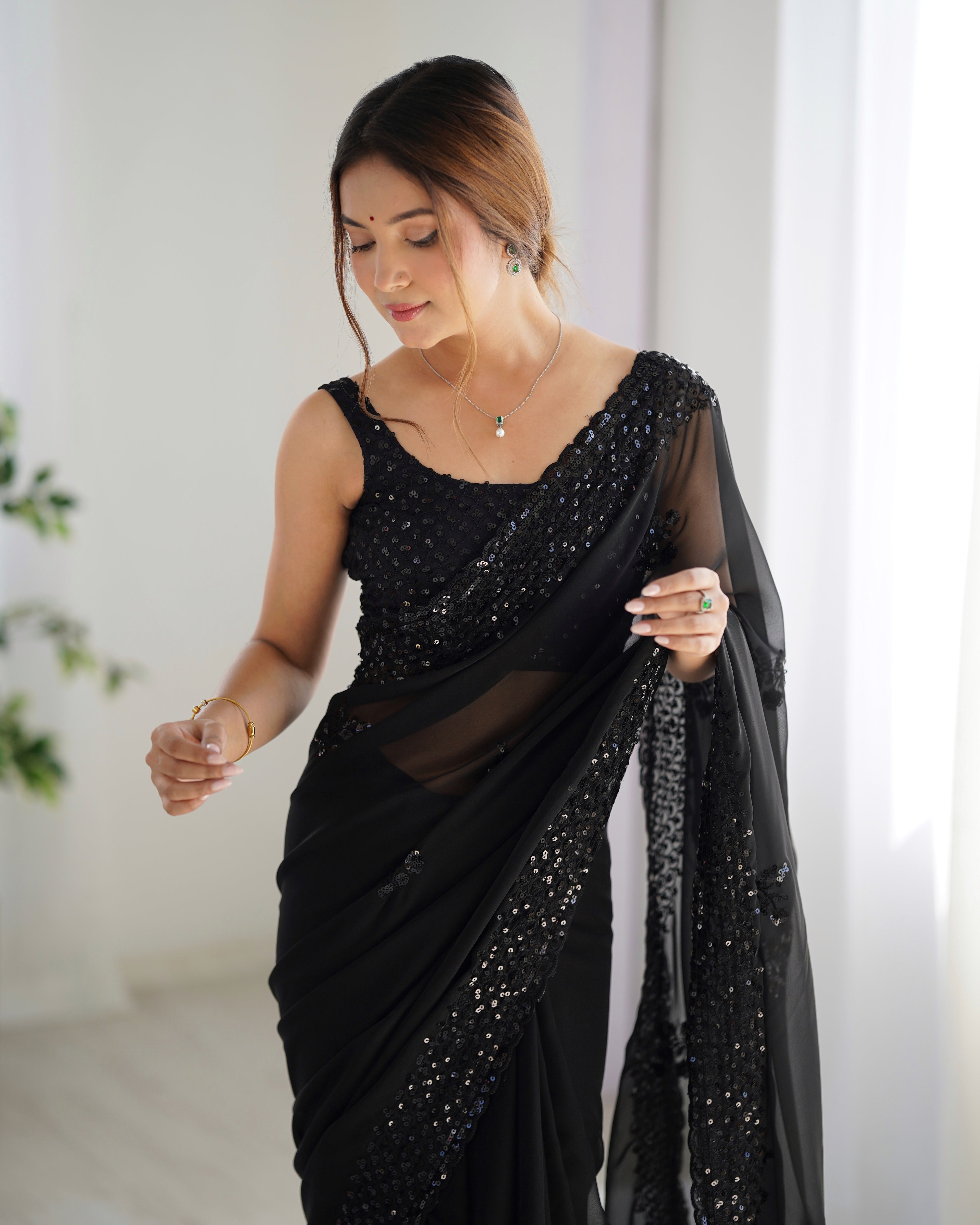 Black Georgette Saree | Designer Thread & Sequin Embroidered Party Wear