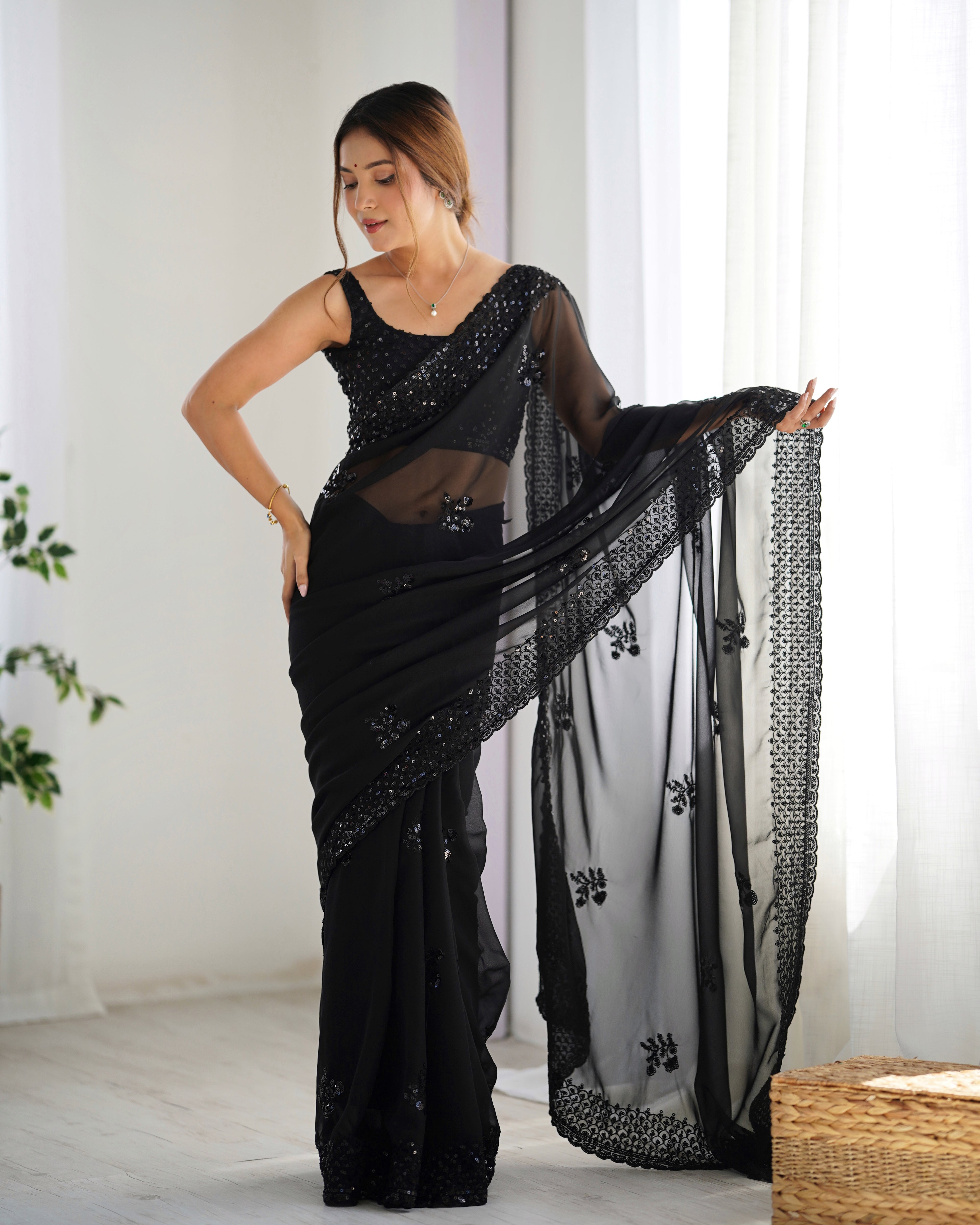 Black Georgette Saree | Designer Thread & Sequin Embroidered Party Wear