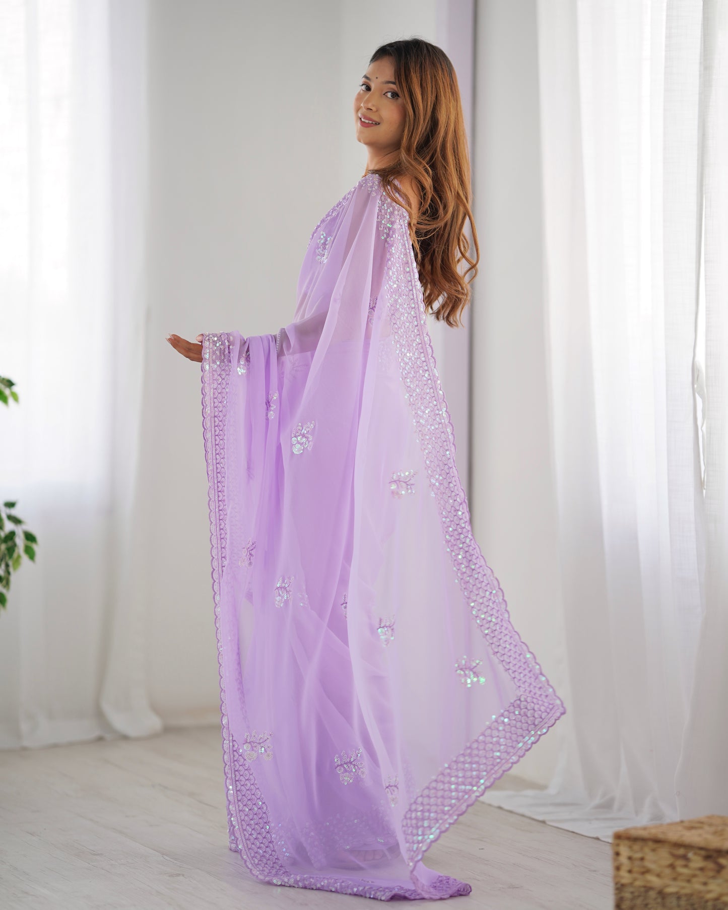 Lavender Georgette Saree | Designer Thread & Sequin Embroidered Party Wear