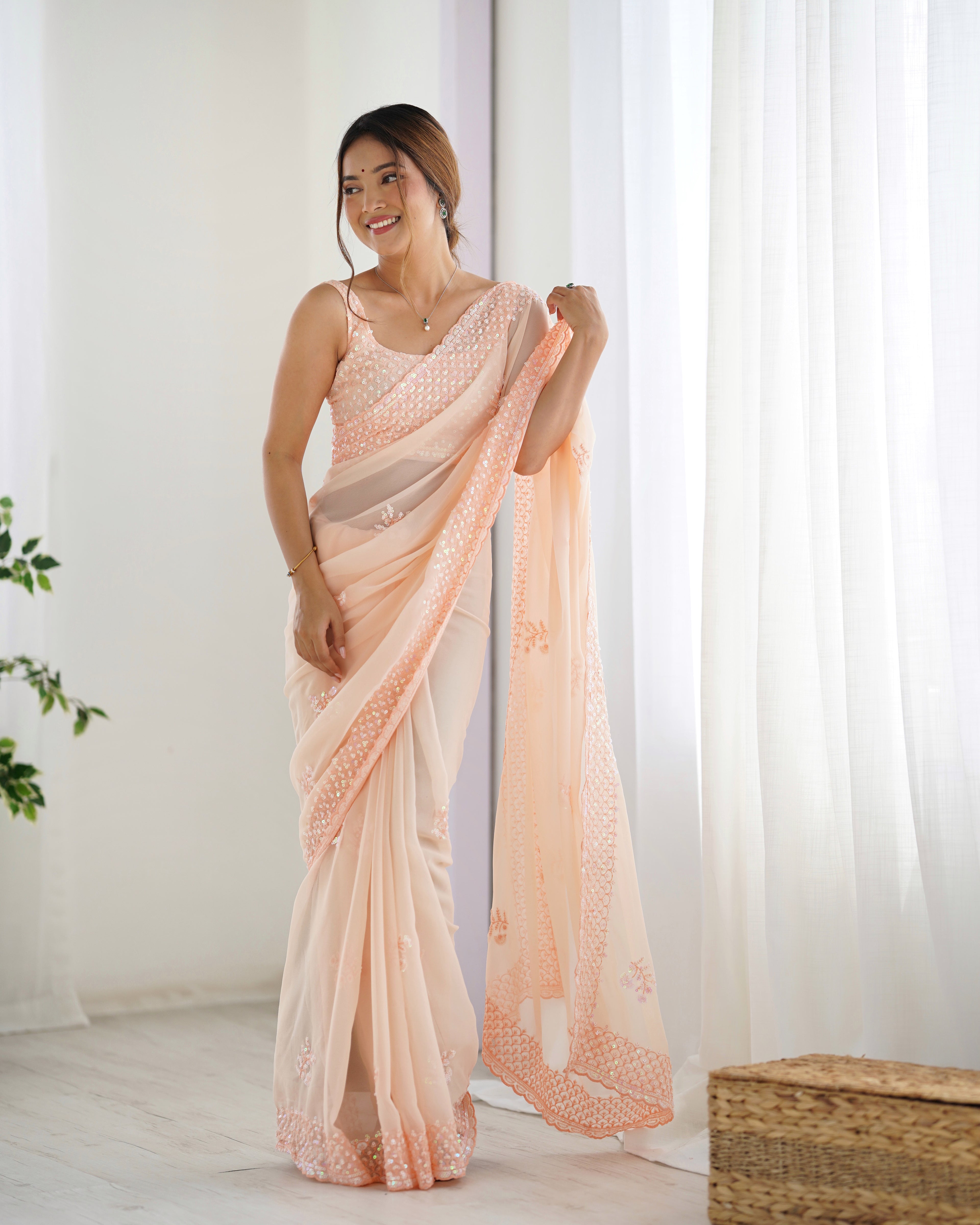 Peach Georgette Saree | Designer Thread & Sequin Embroidered Party Wear
