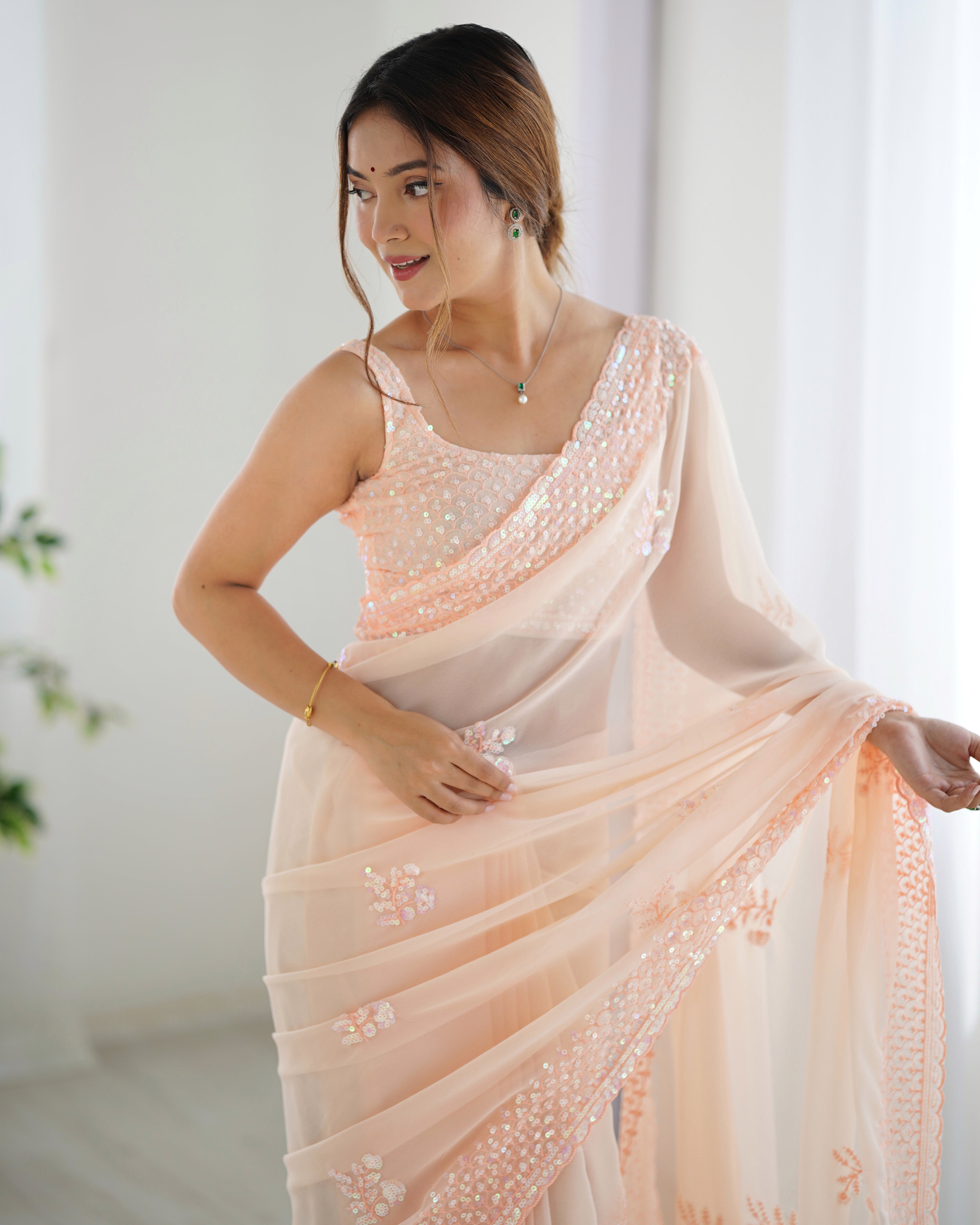 Peach Georgette Saree | Designer Thread & Sequin Embroidered Party Wear