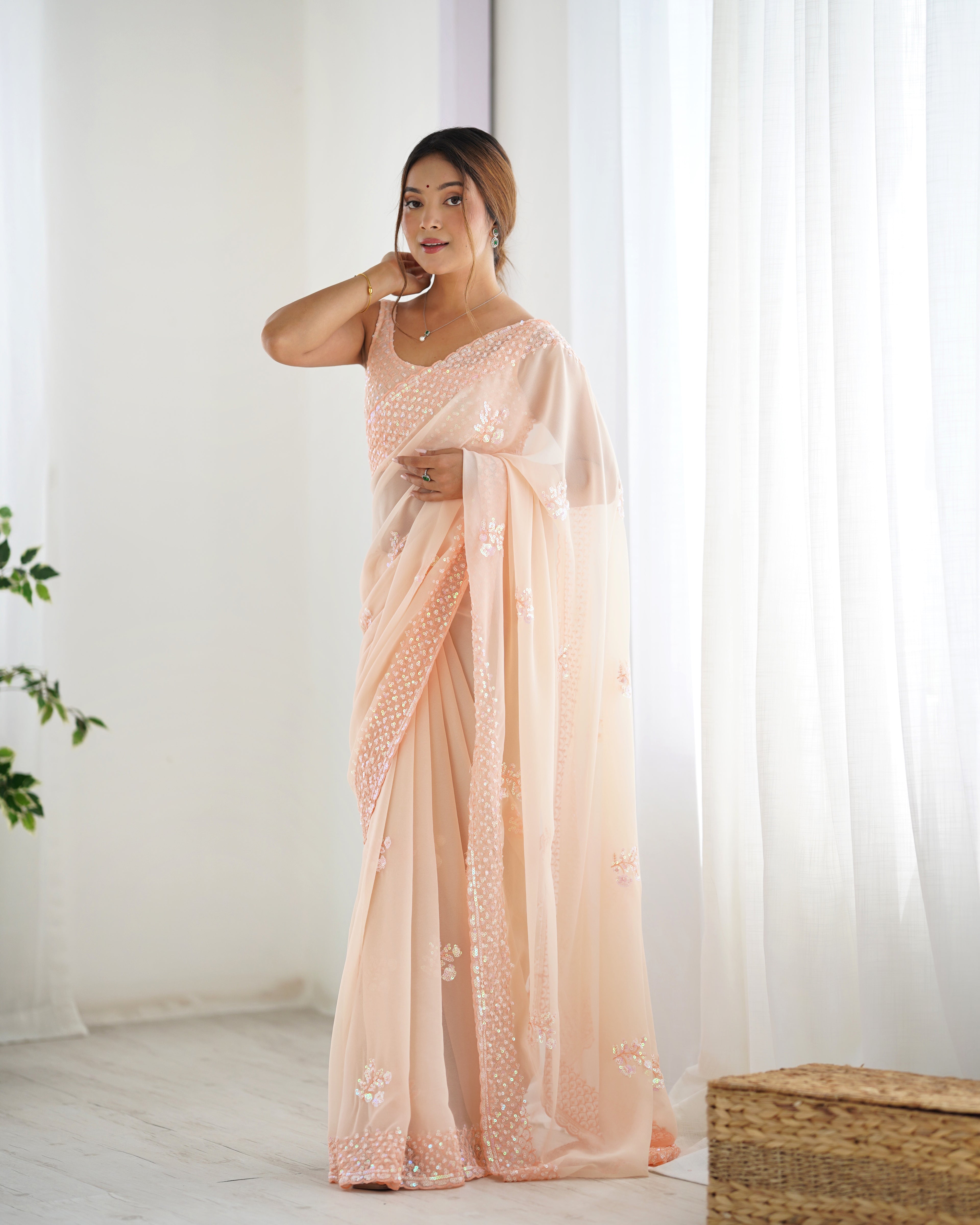 Peach Georgette Saree | Designer Thread & Sequin Embroidered Party Wear