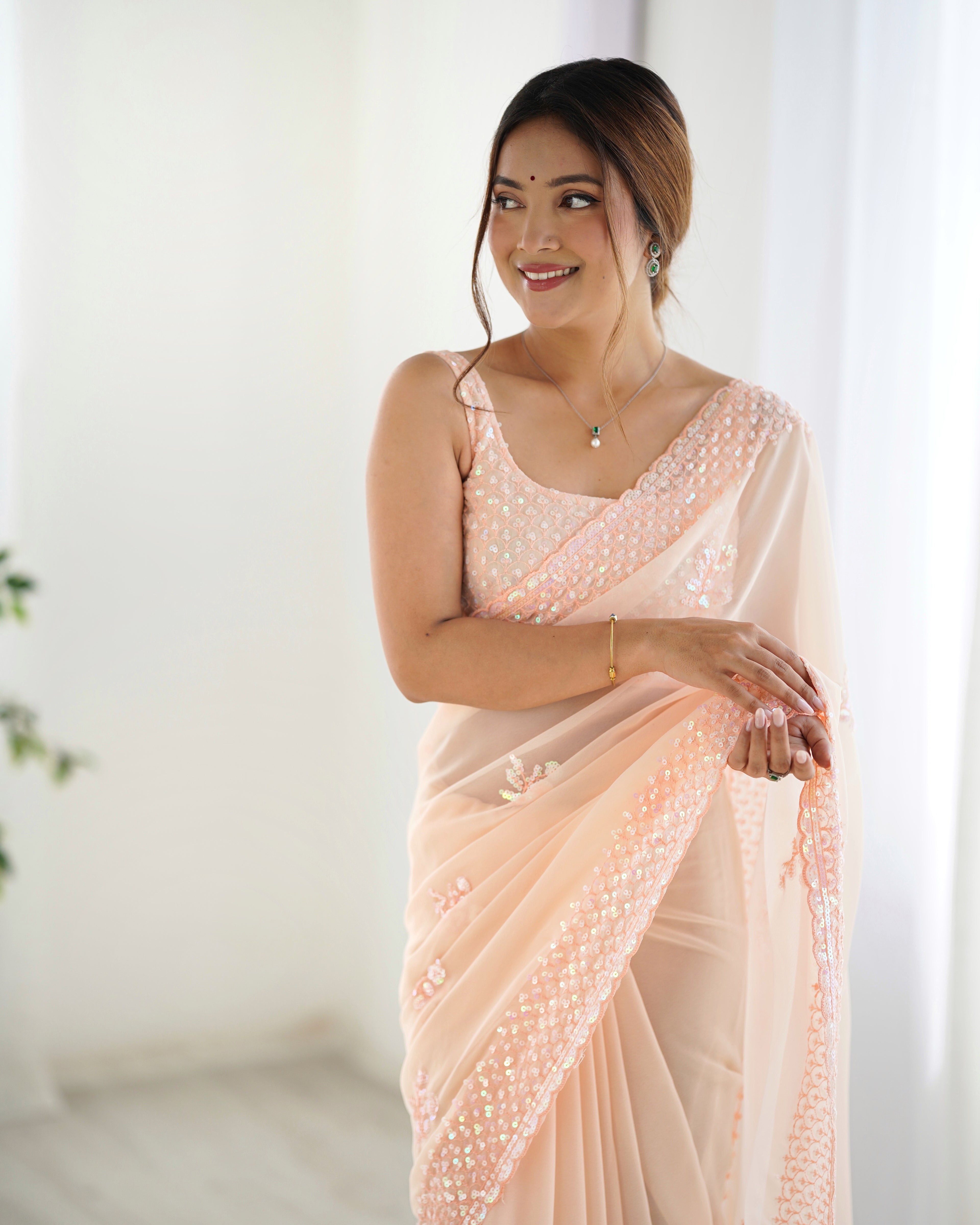 Peach Georgette Saree | Designer Thread & Sequin Embroidered Party Wear