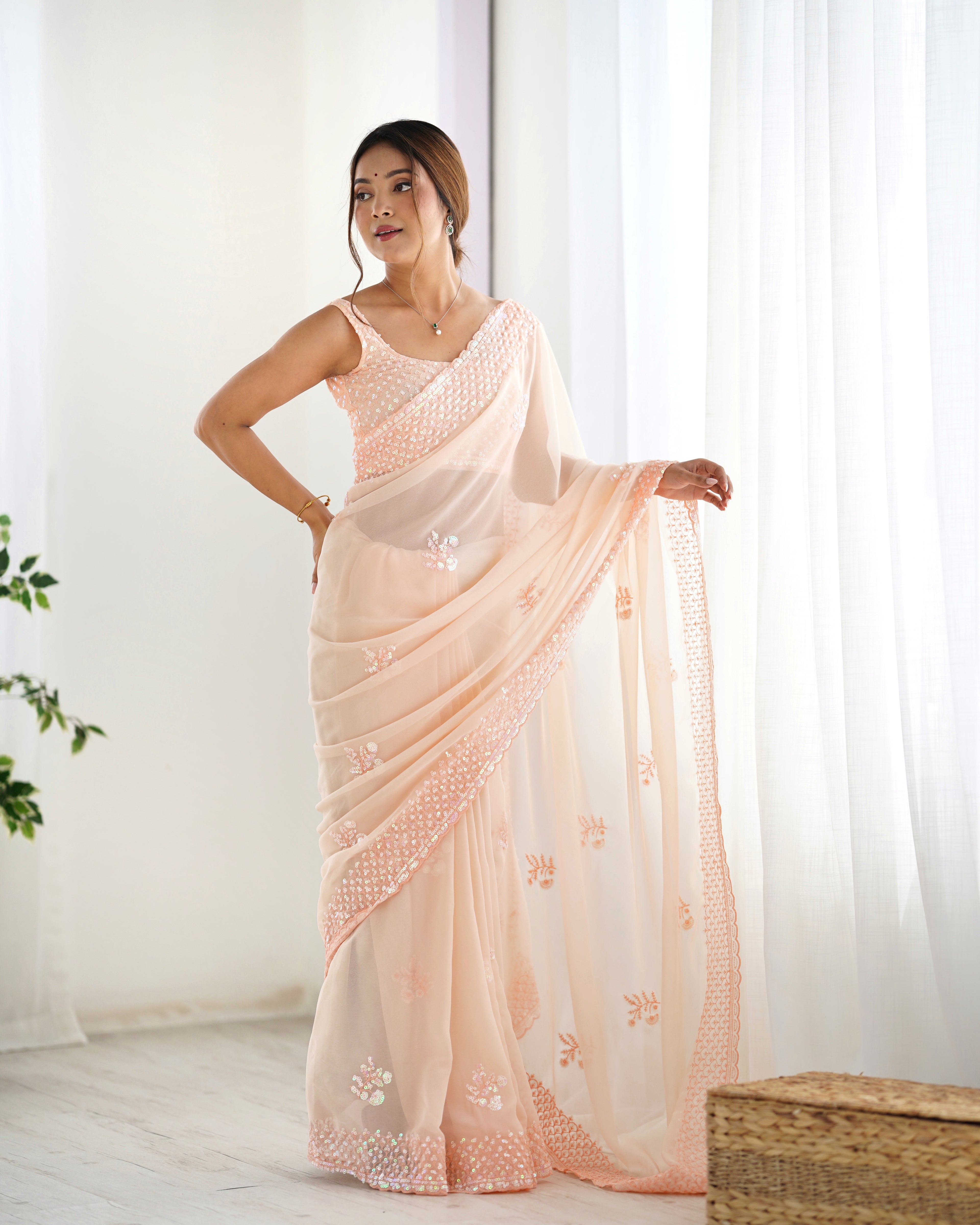 Peach Georgette Saree | Designer Thread & Sequin Embroidered Party Wear