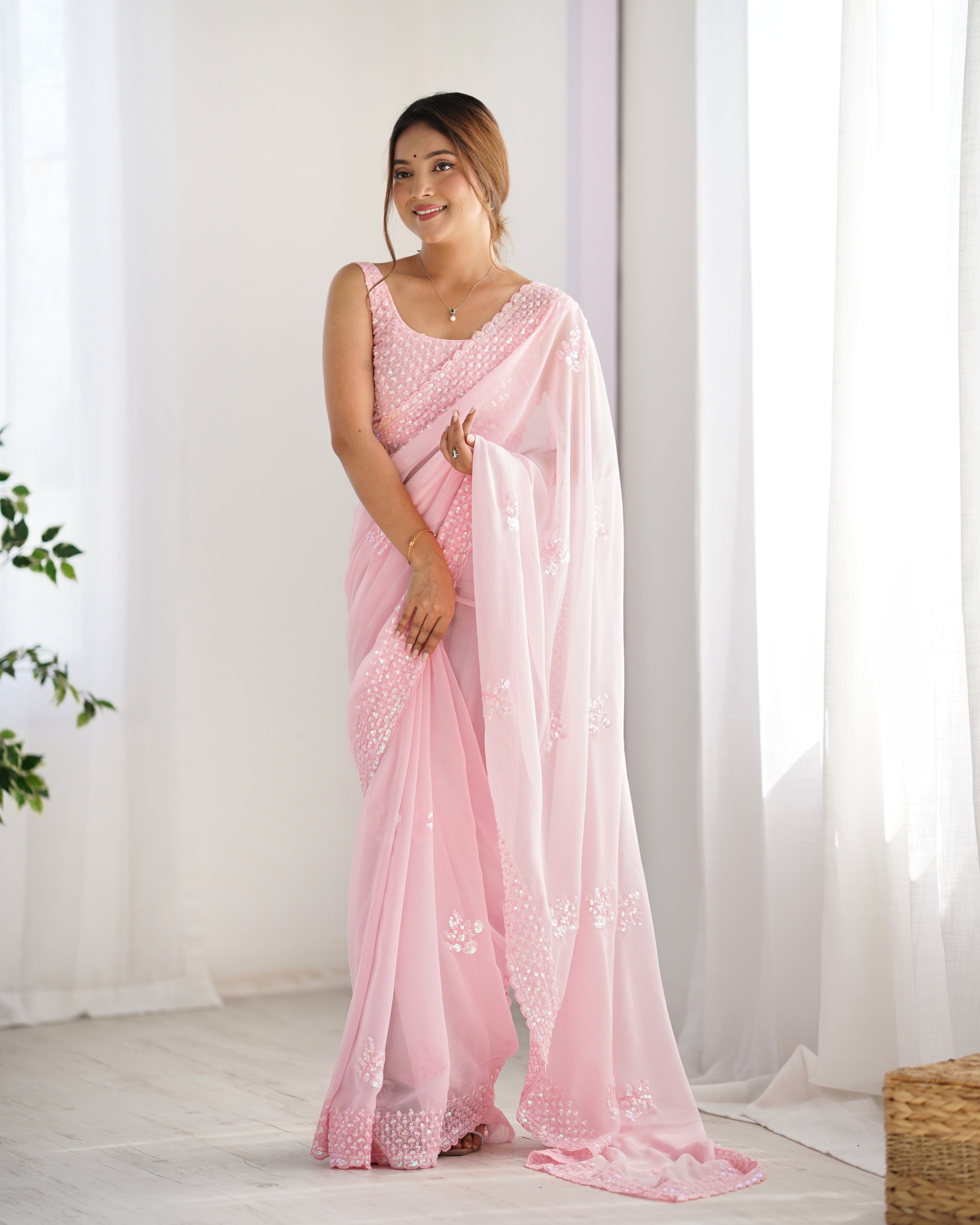 Pink Georgette Saree | Designer Thread & Sequin Embroidered Party Wear