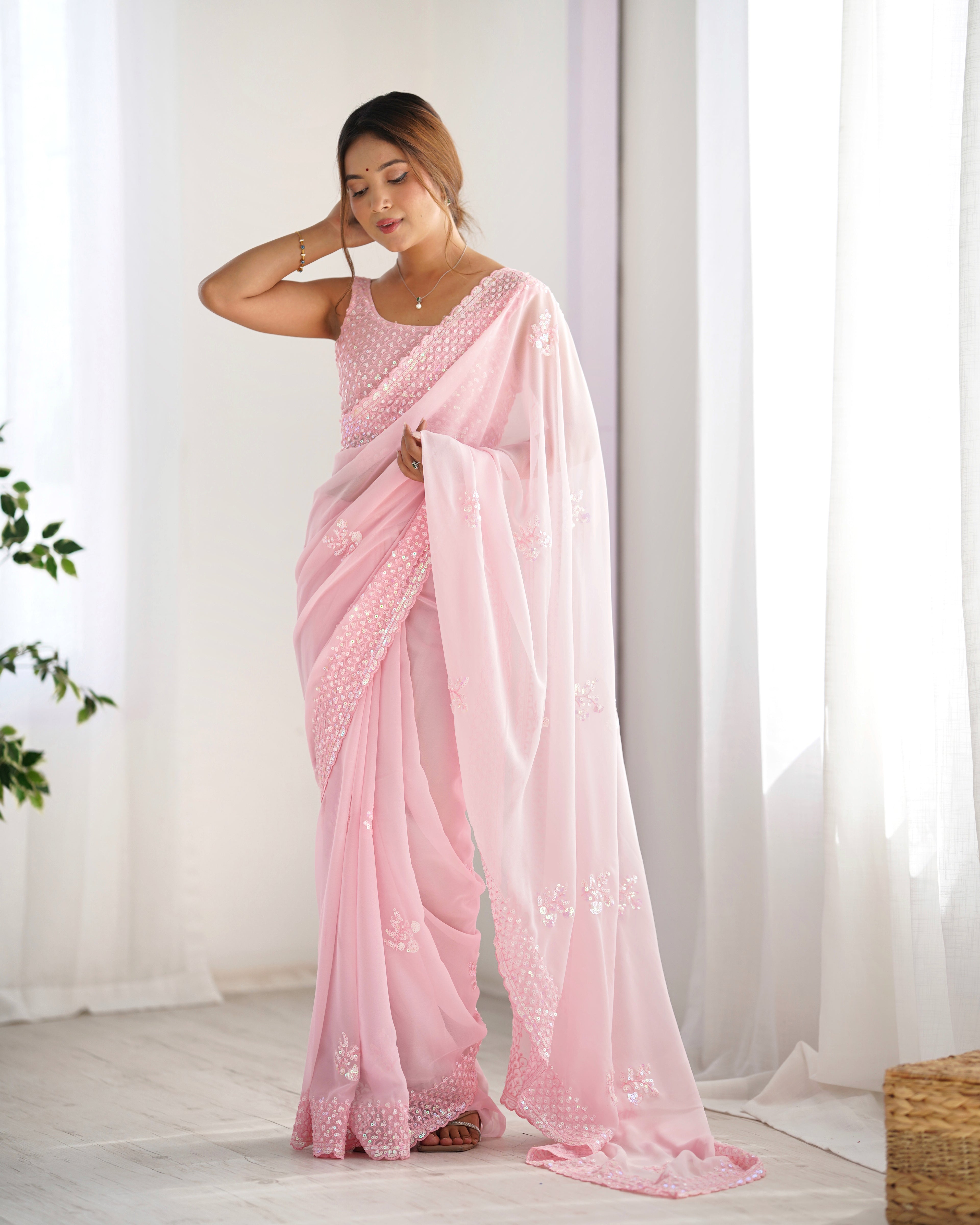Pink Georgette Saree | Designer Thread & Sequin Embroidered Party Wear