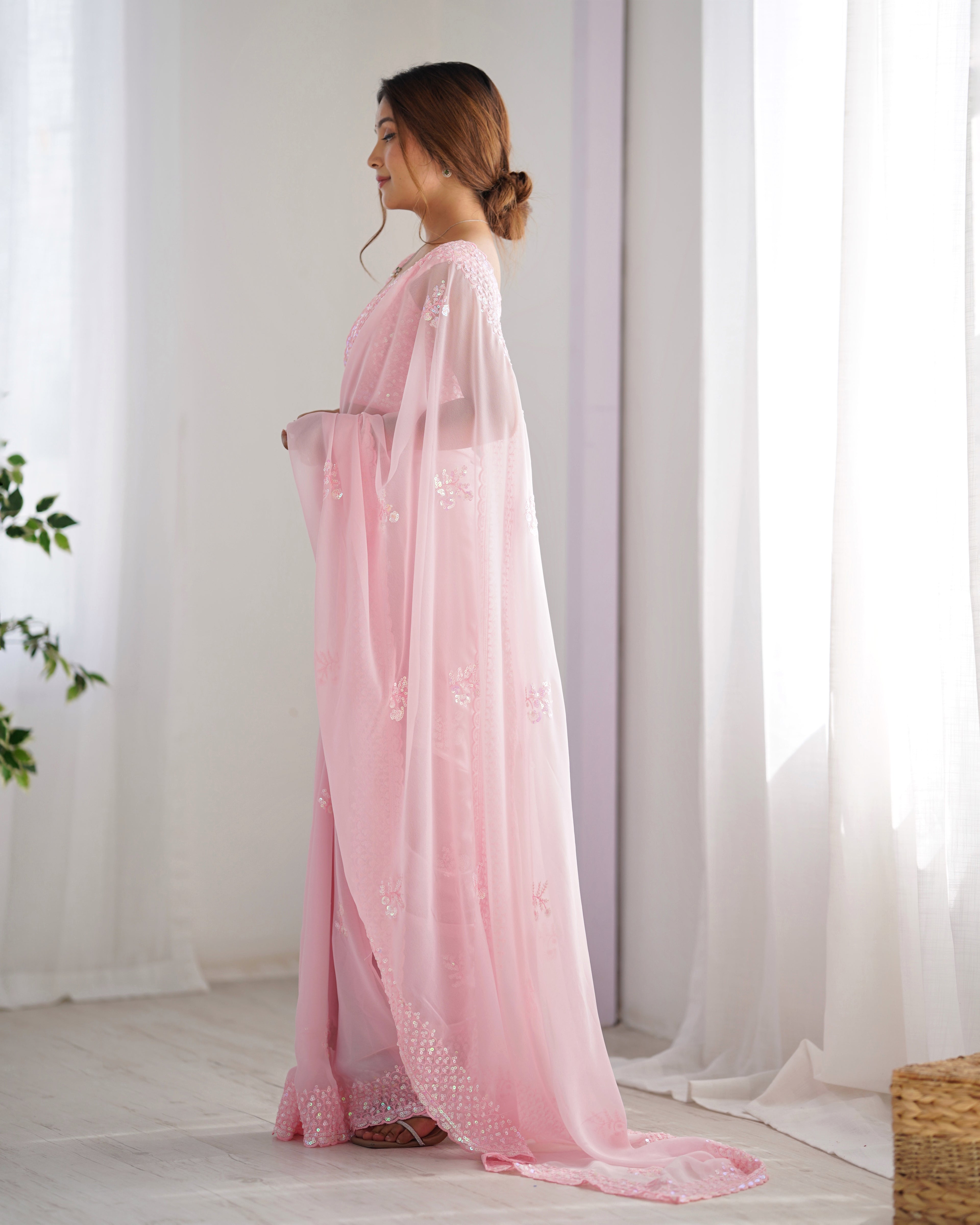 Pink Georgette Saree | Designer Thread & Sequin Embroidered Party Wear