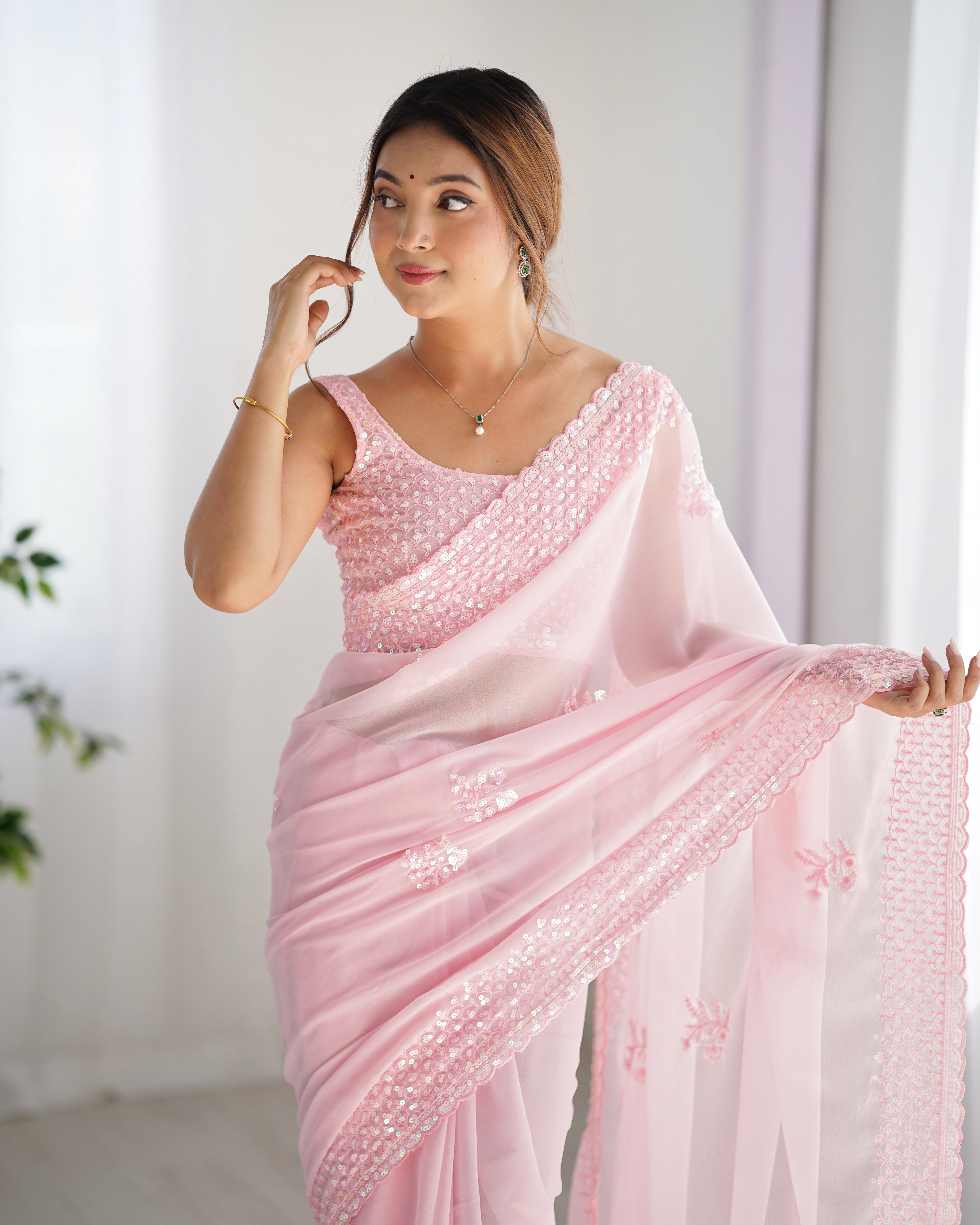 Pink Georgette Saree | Designer Thread & Sequin Embroidered Party Wear