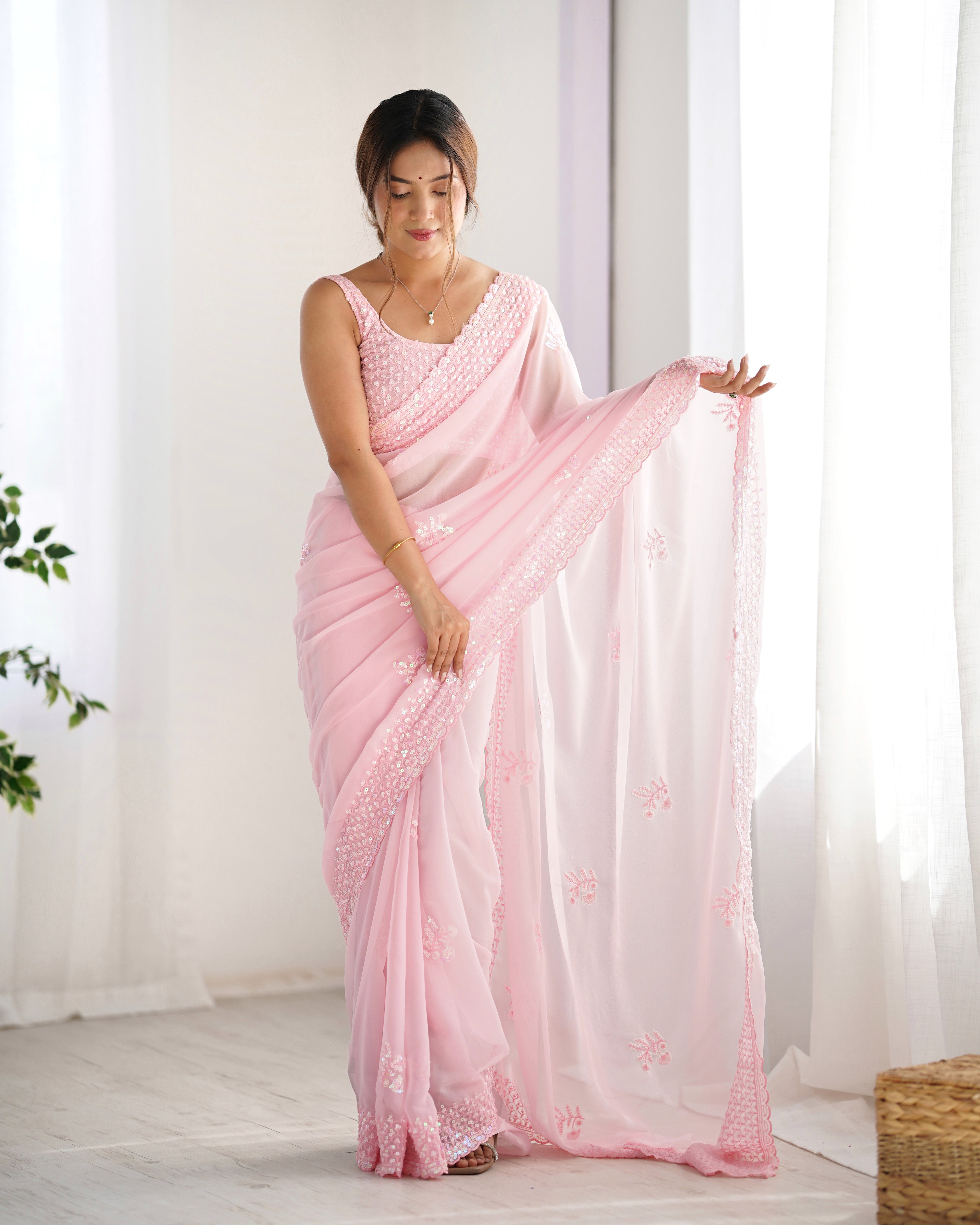 Pink Georgette Saree | Designer Thread & Sequin Embroidered Party Wear