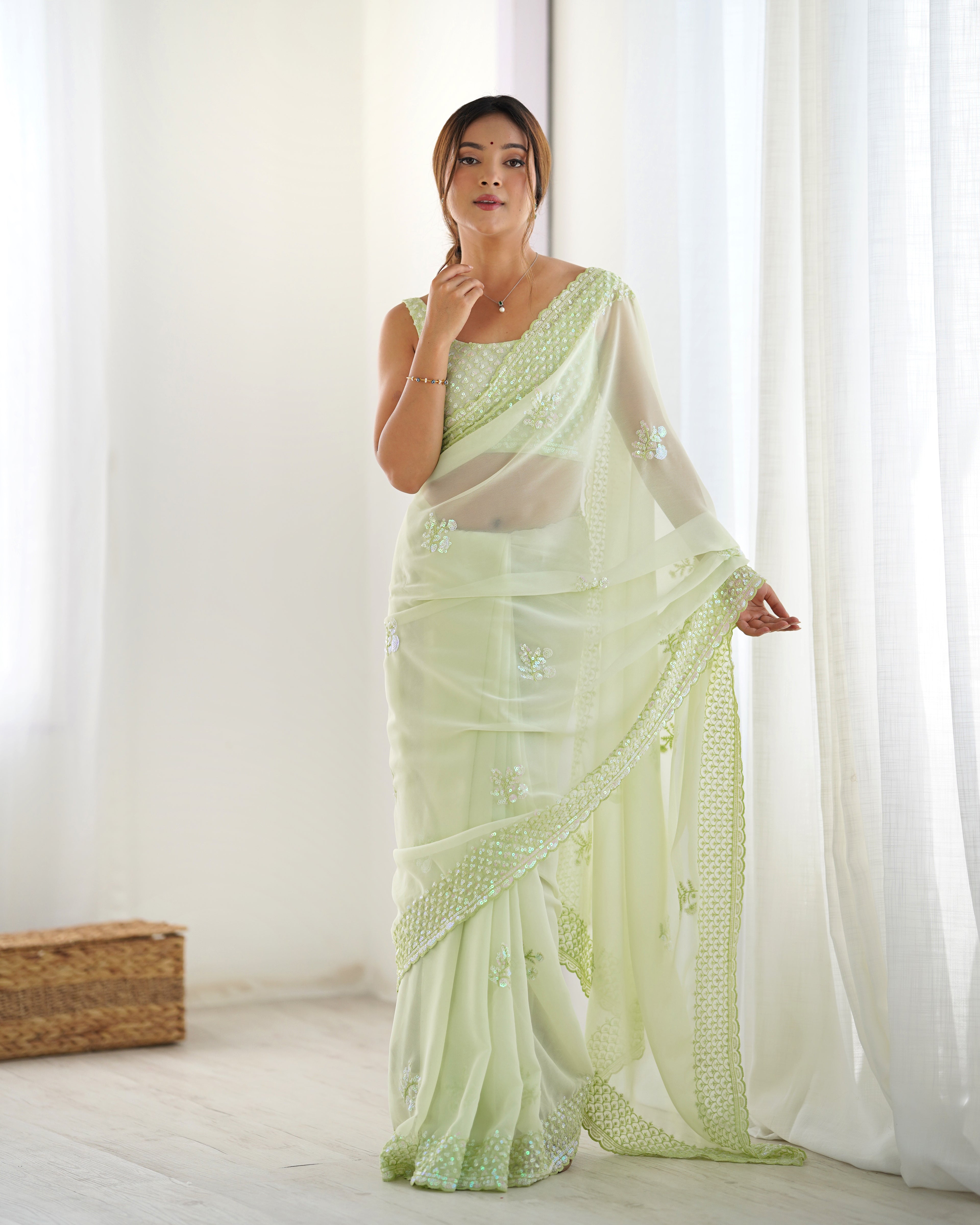 Pista Georgette Saree | Designer Thread & Sequin Embroidered Party Wear