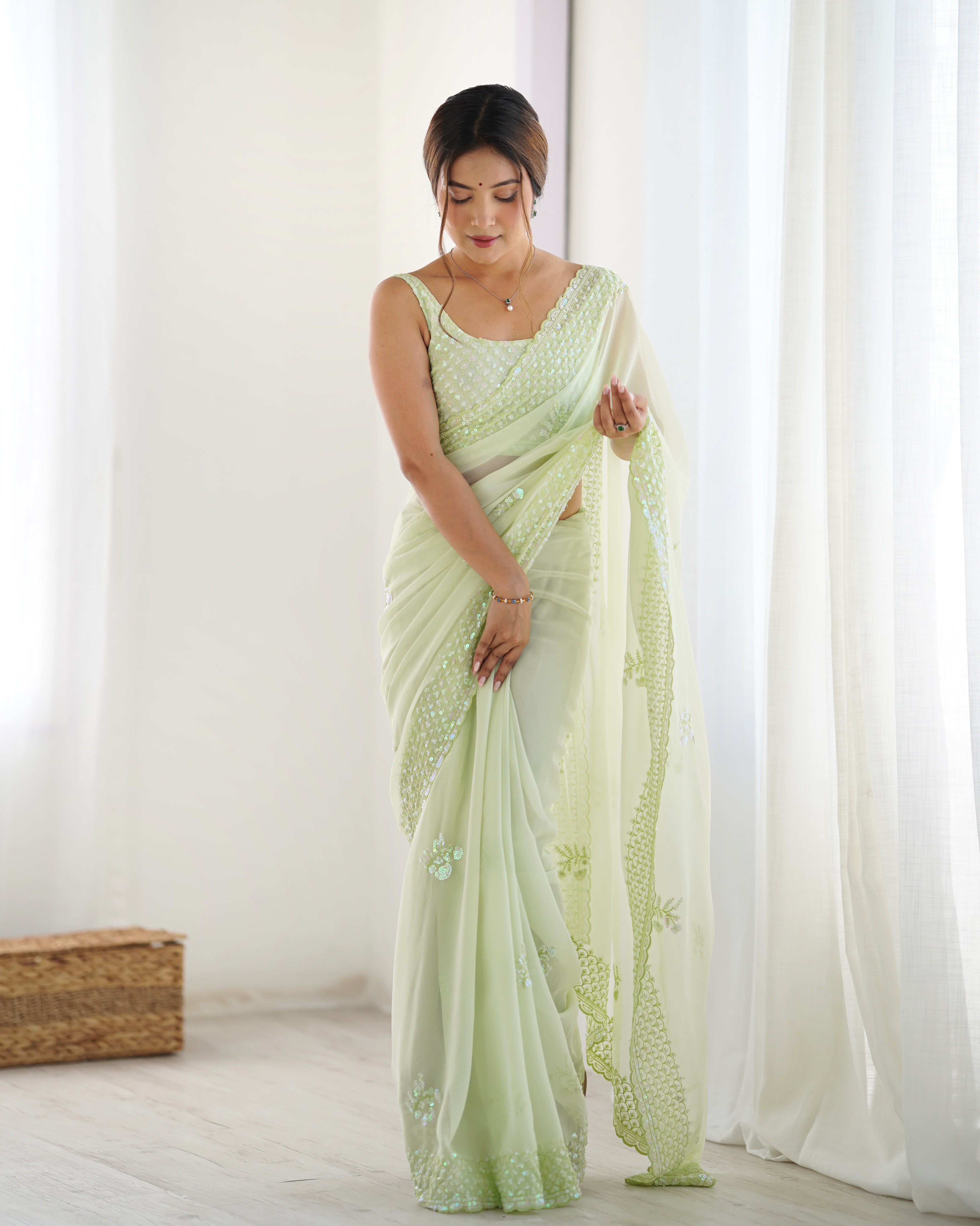 Pista Georgette Saree | Designer Thread & Sequin Embroidered Party Wear