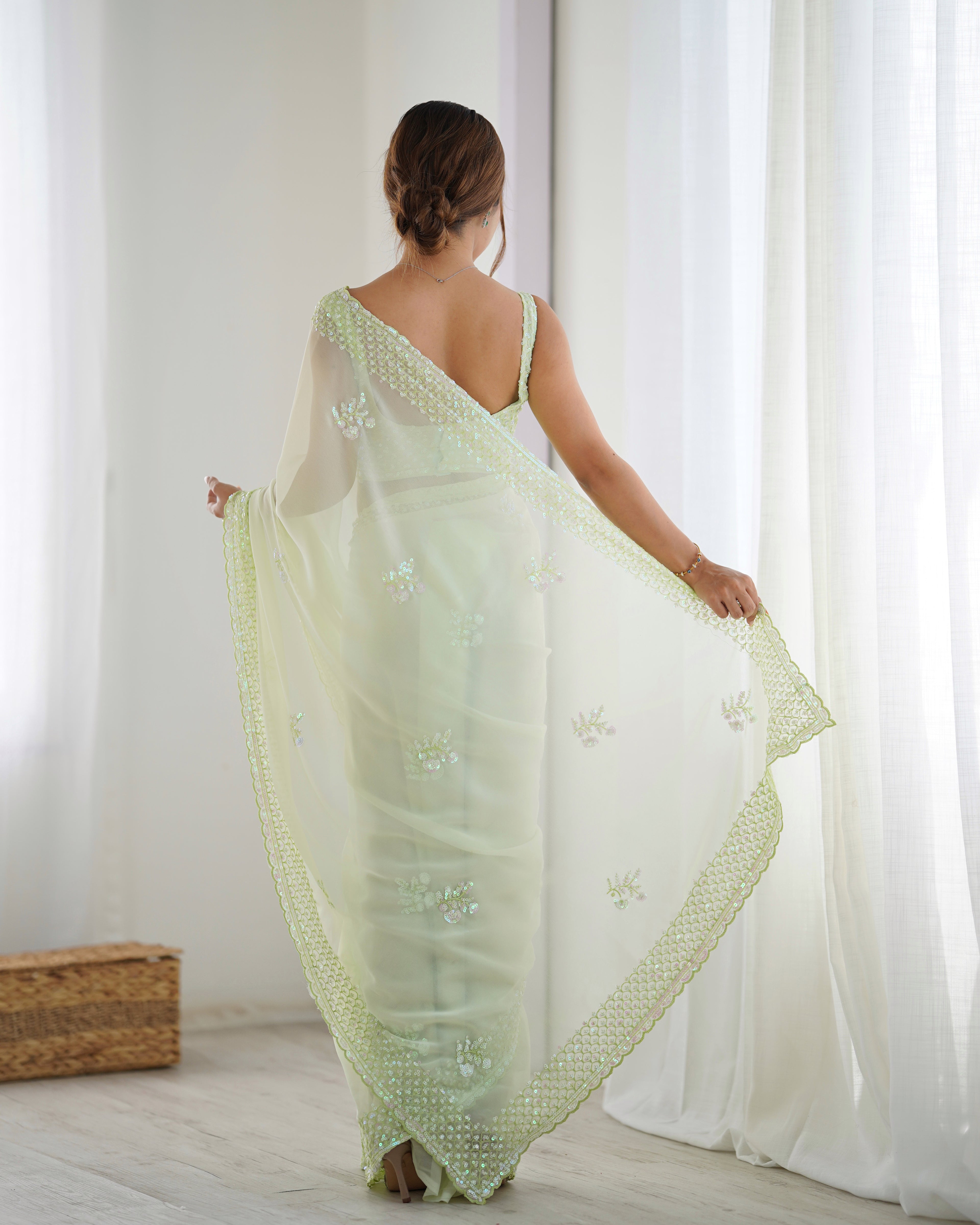 Pista Georgette Saree | Designer Thread & Sequin Embroidered Party Wear
