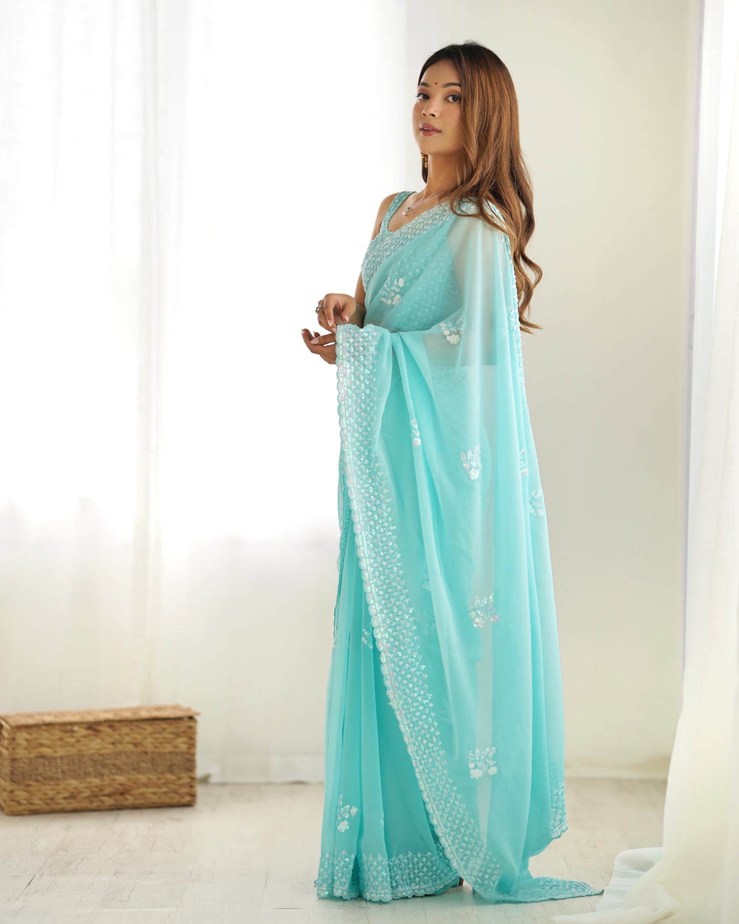 Sky Blue Georgette Saree | Designer Thread & Sequin Embroidered Party Wear