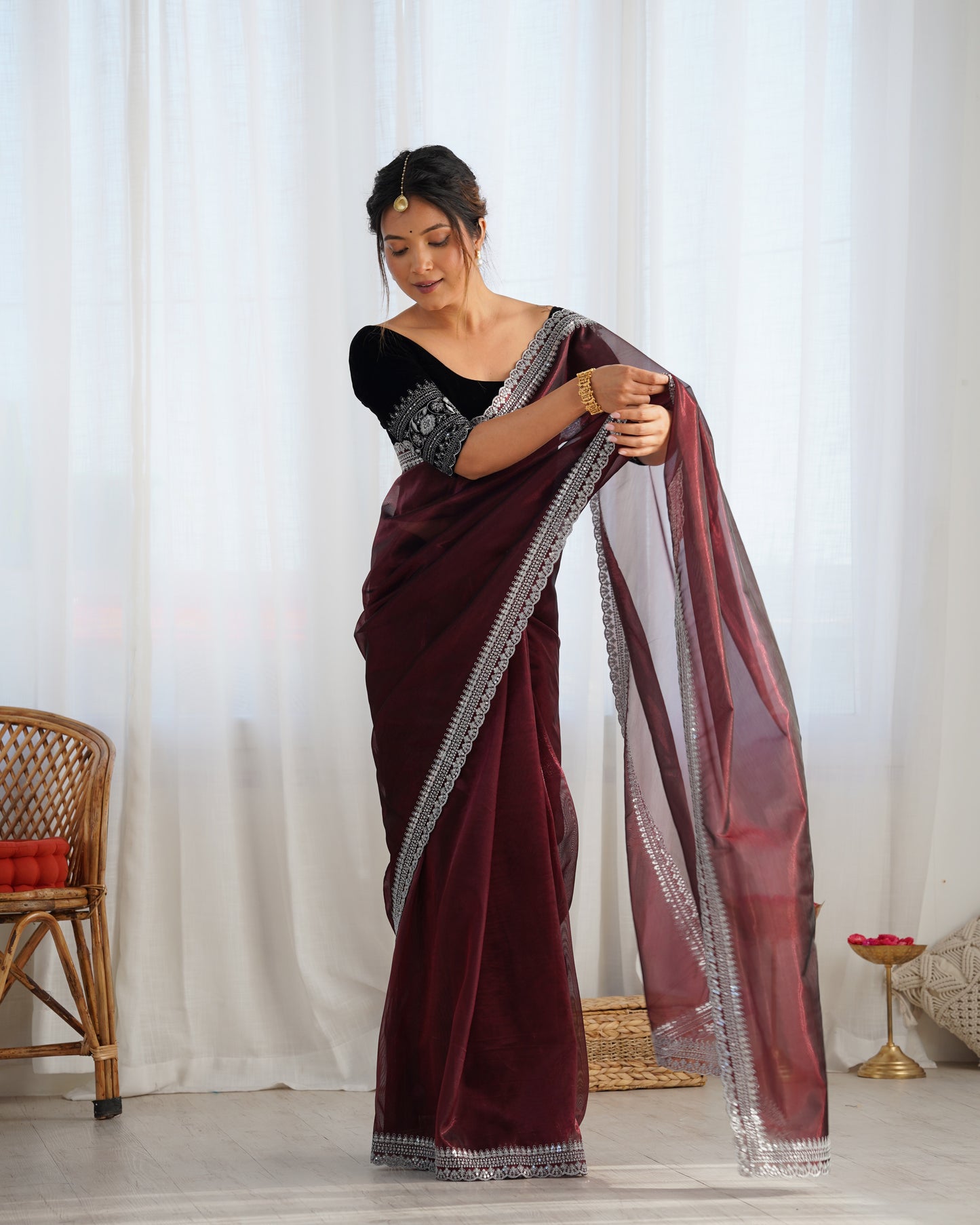 Coffee Twill Net Party Wear Saree | Gold Jari & Sequin Embroidery Couture