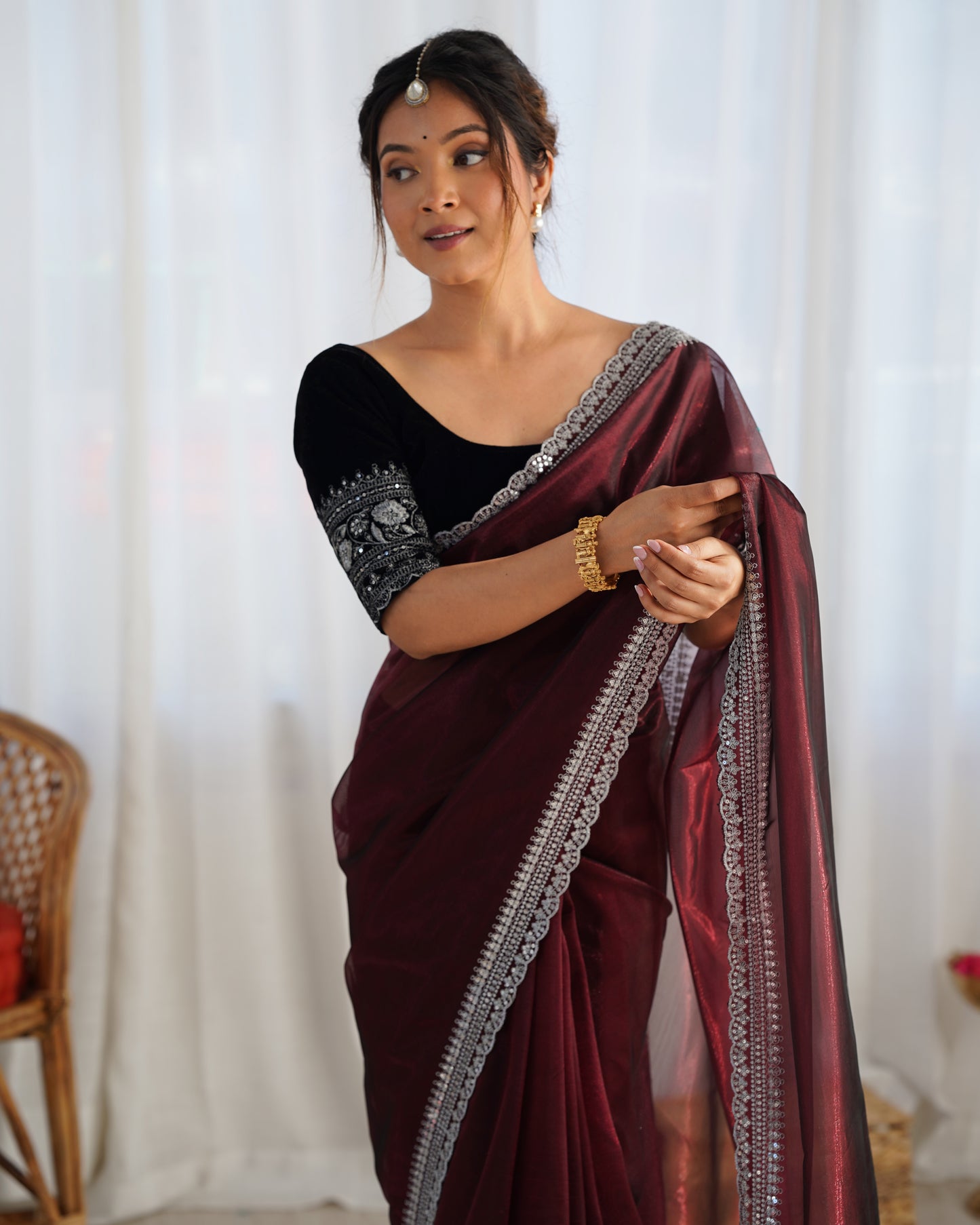 Coffee Twill Net Party Wear Saree | Gold Jari & Sequin Embroidery Couture