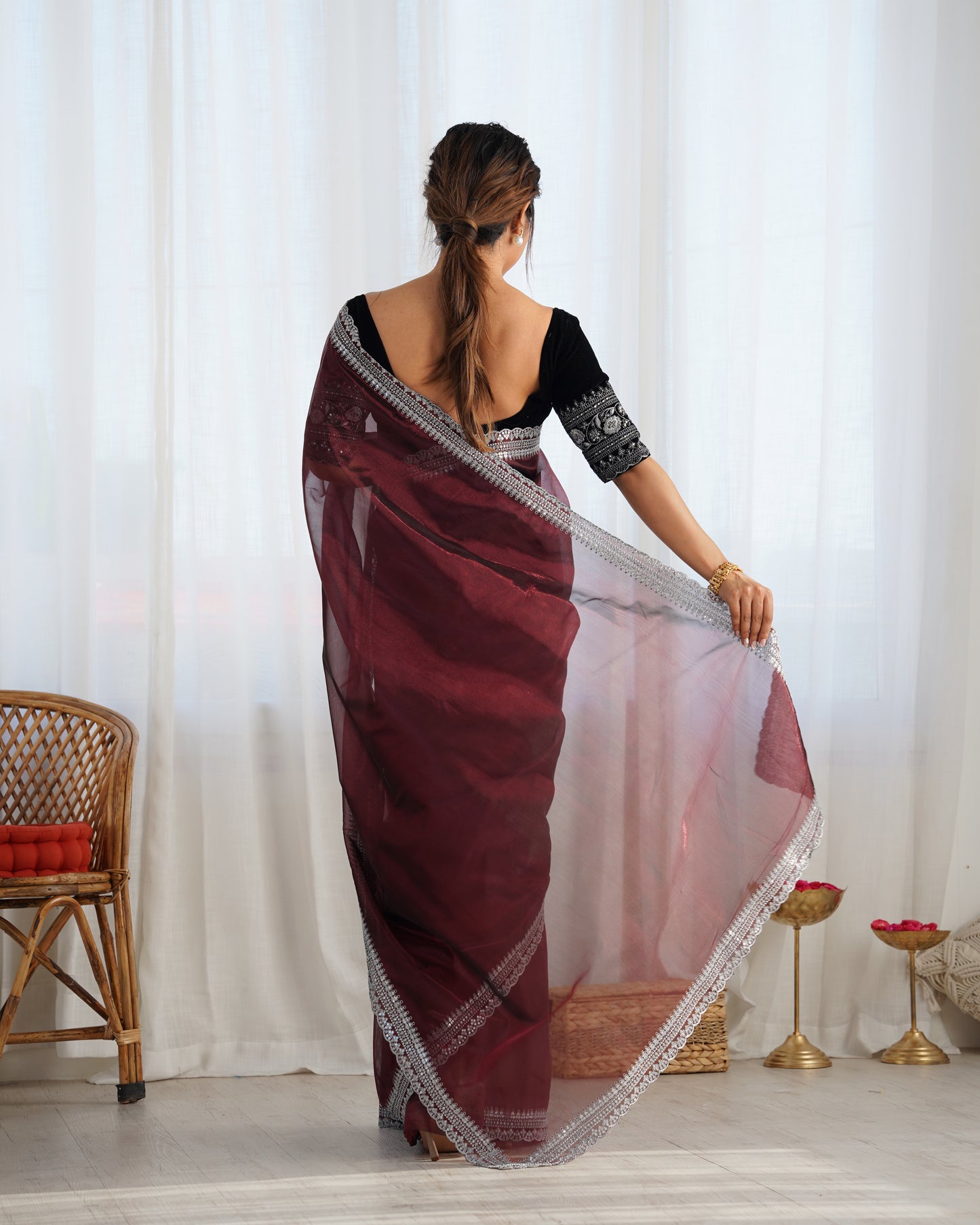 Coffee Twill Net Party Wear Saree | Gold Jari & Sequin Embroidery Couture