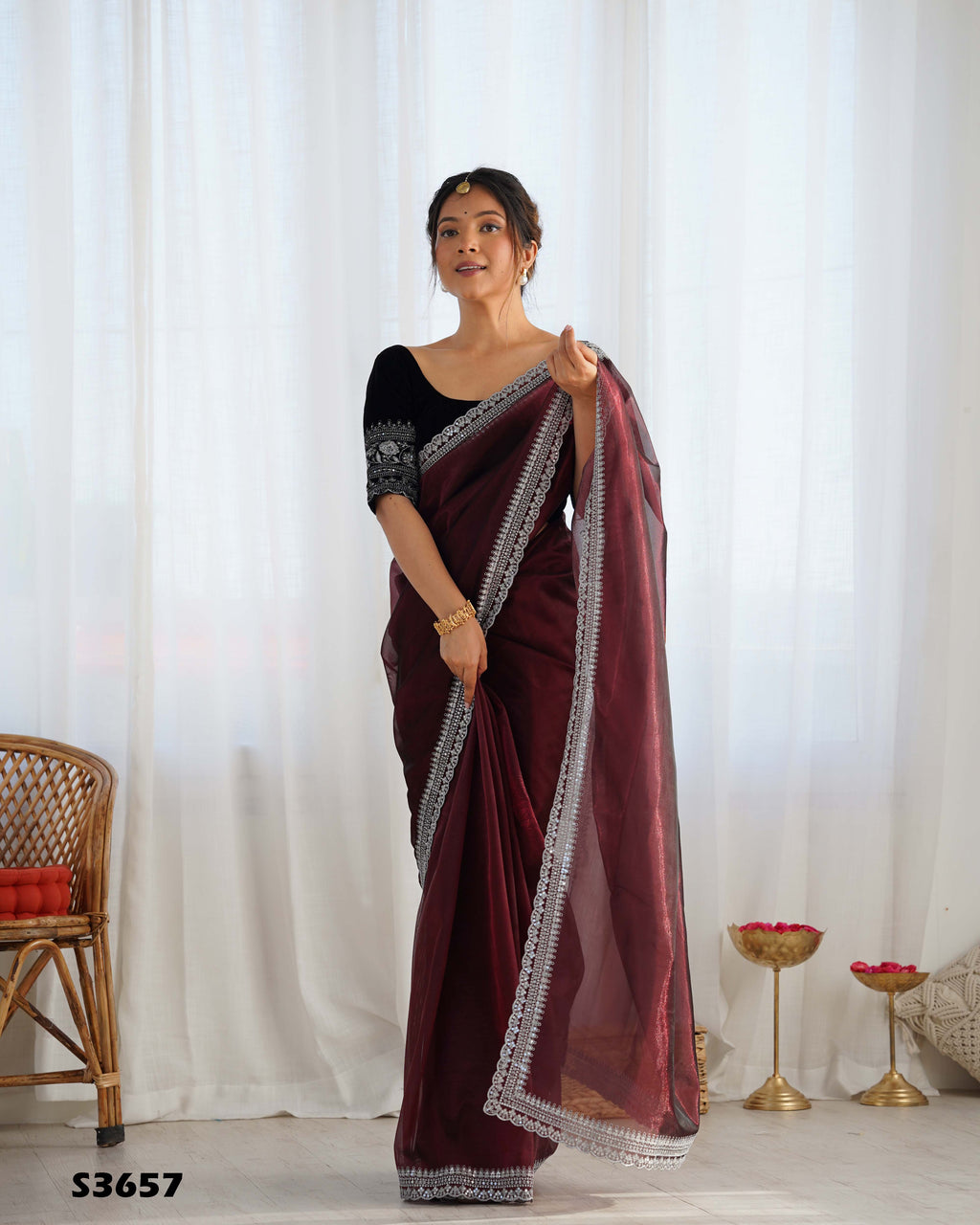 Coffee Twill Net Party Wear Saree | Gold Jari & Sequin Embroidery Couture