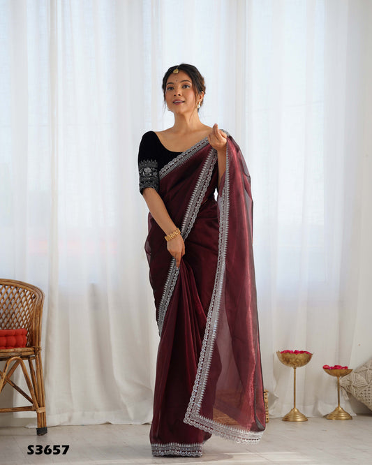 Coffee Twill Net Party Wear Saree | Gold Jari & Sequin Embroidery Couture