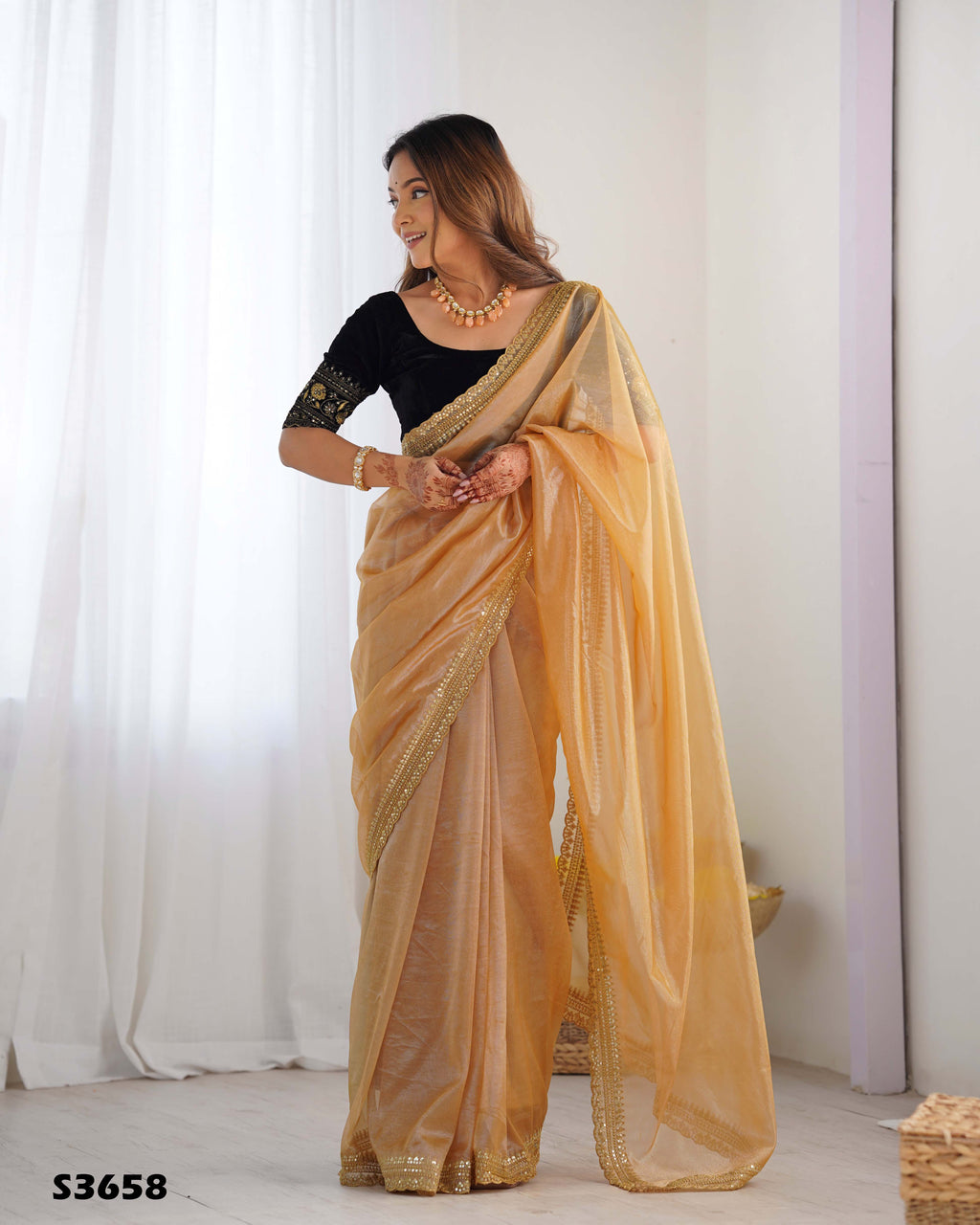 Golden Twill Net Party Wear Saree | Gold Jari & Sequin Embroidery Couture