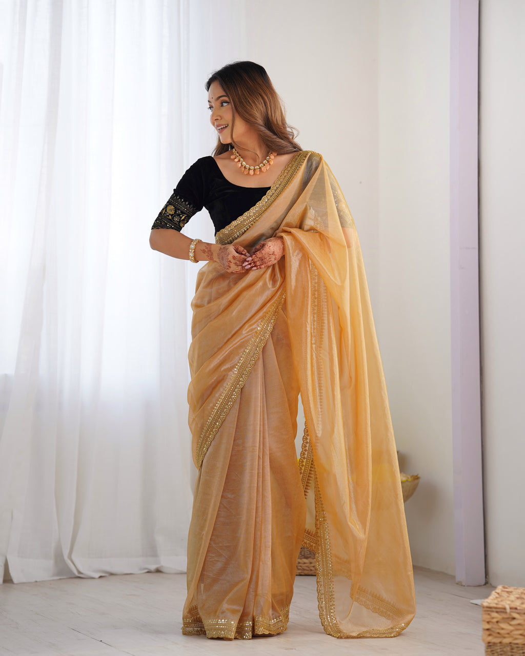 Golden Twill Net Party Wear Saree | Gold Jari & Sequin Embroidery Couture